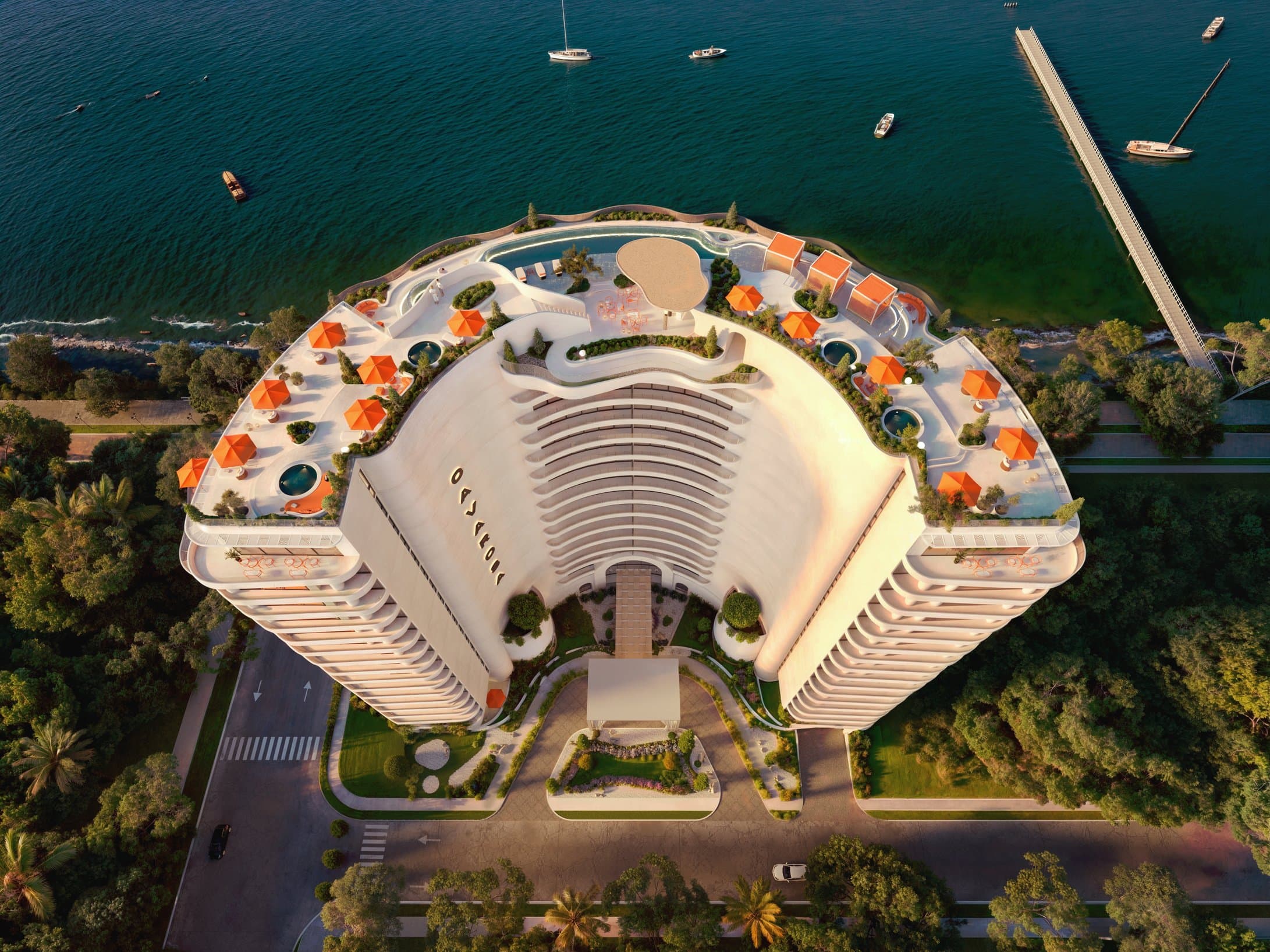 Aerial view of the Cavarosa tower and its rooftop club on the Amador Causeway
