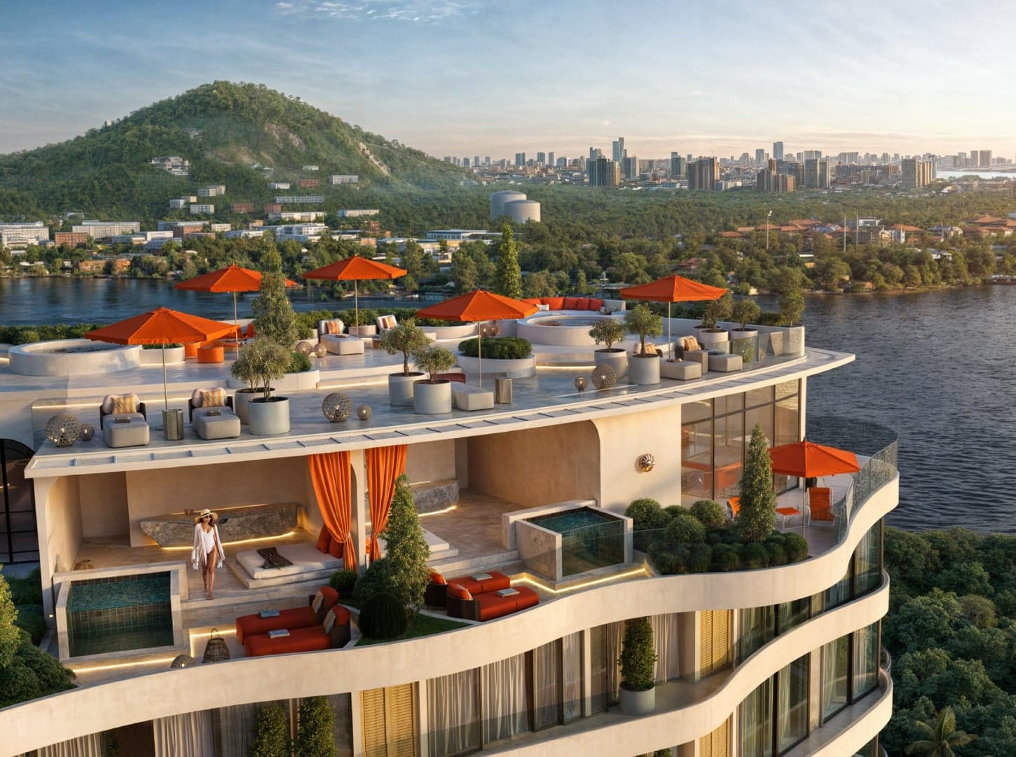Rooftop cabanas at Cavarosa with Ancón Hill and the city skyline behind