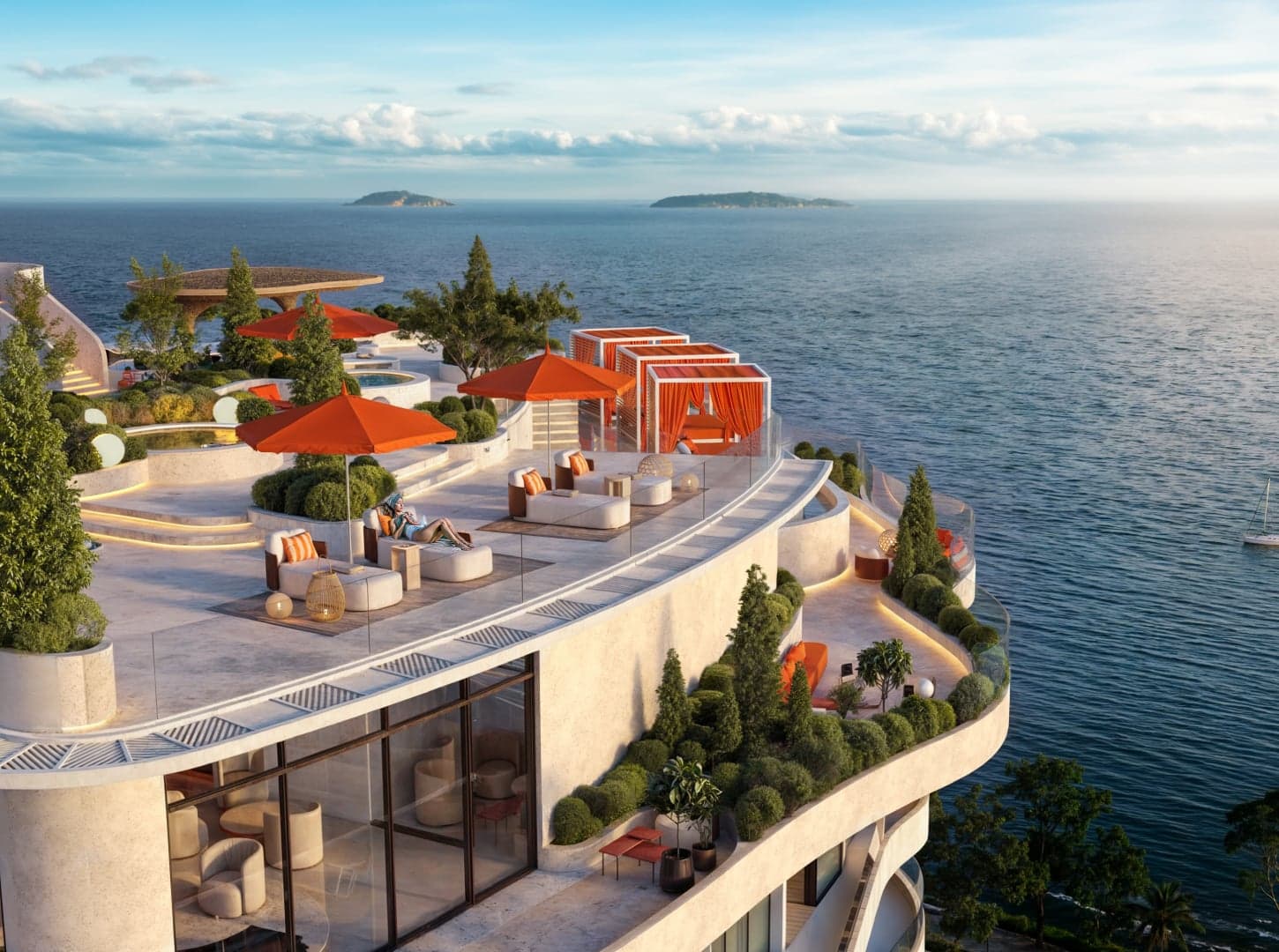 Club Cavarosa rooftop terrace with cabanas overlooking the Pacific