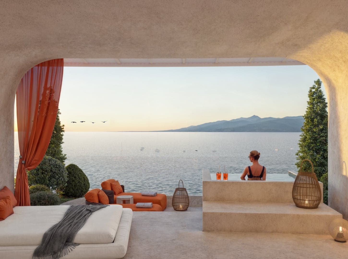 Private cabana with a plunge jacuzzi facing the sea at Club Cavarosa