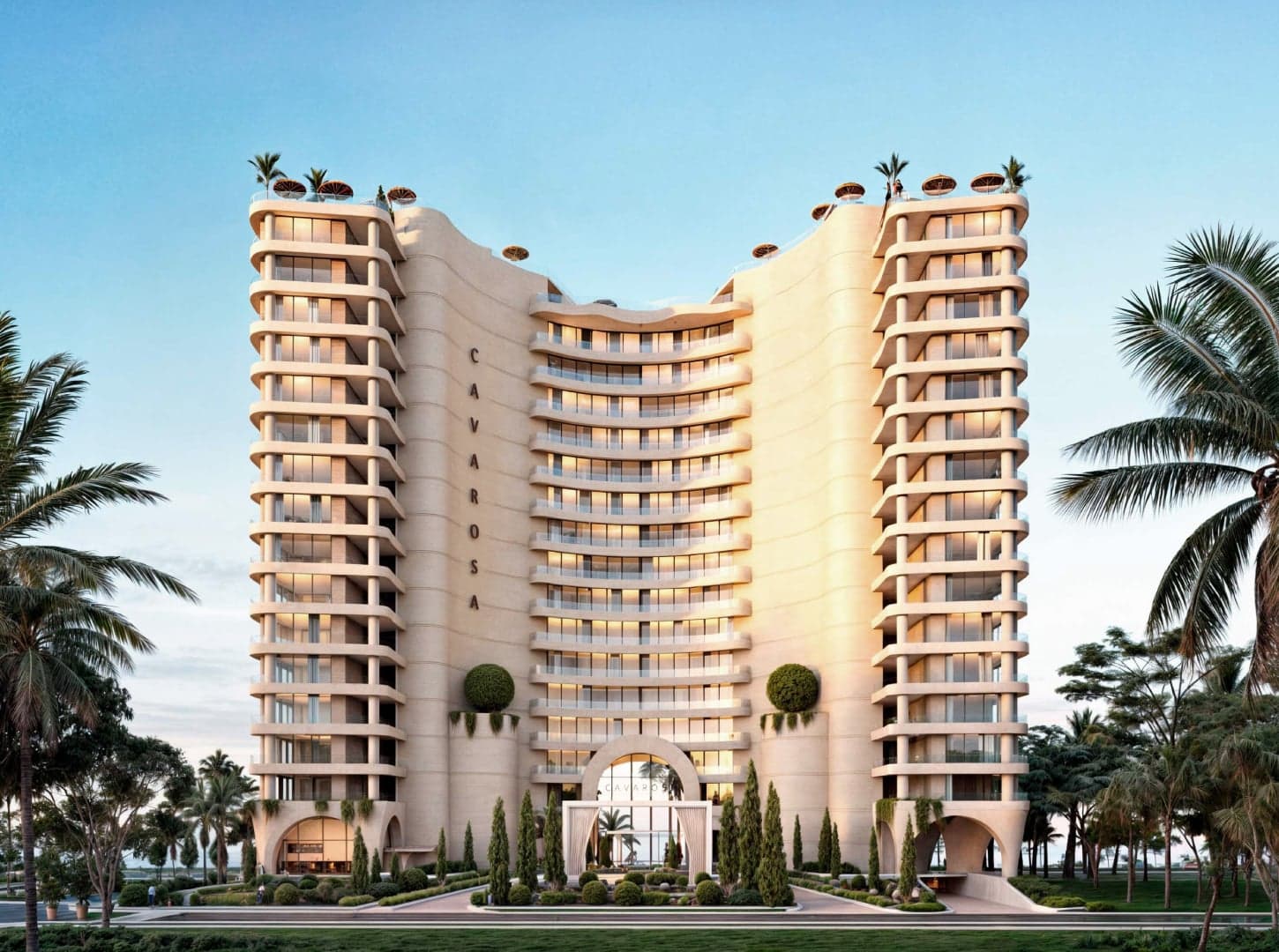 Front facade of the Cavarosa tower framed by palm trees