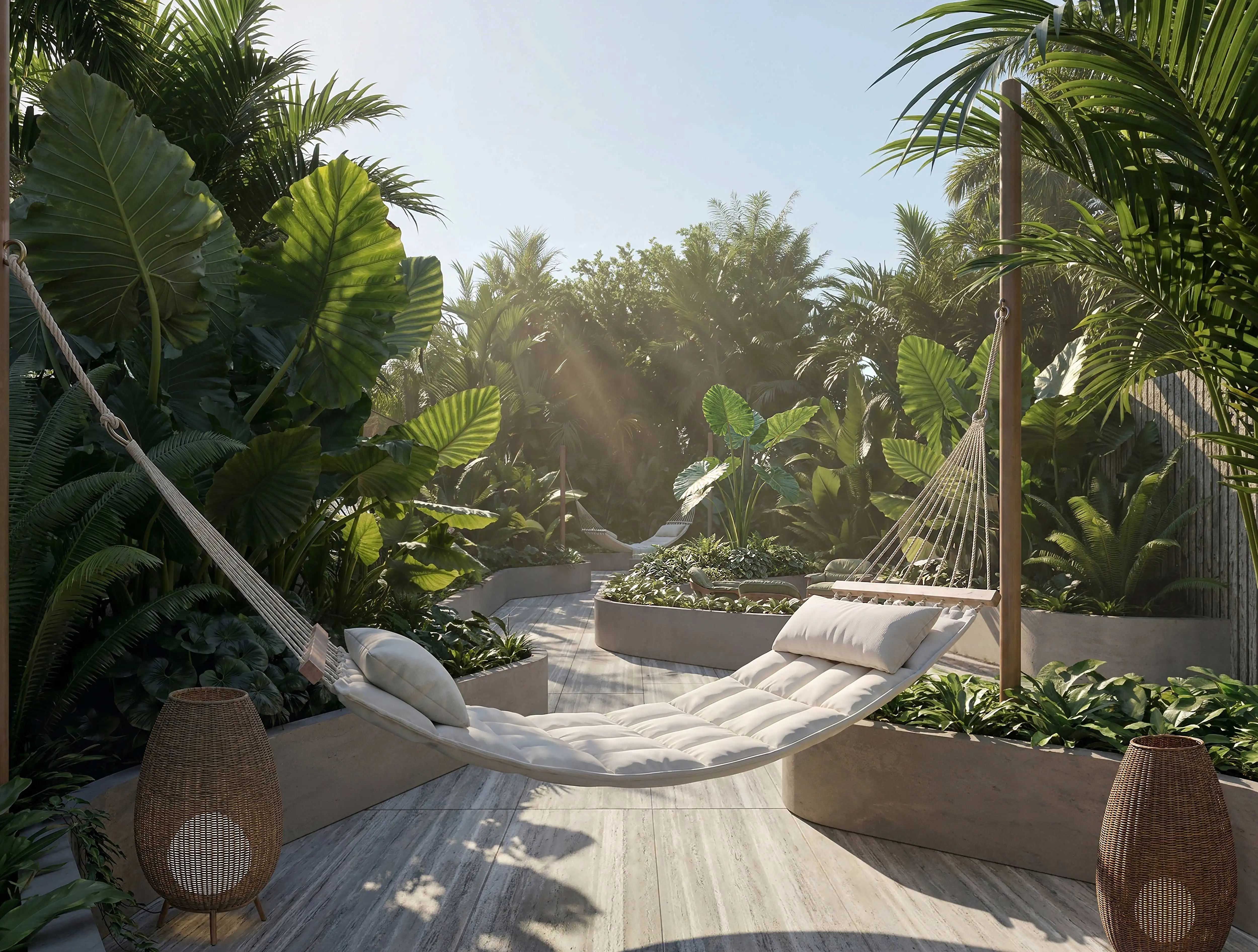 Hammock deck among tropical plants at Nayamara