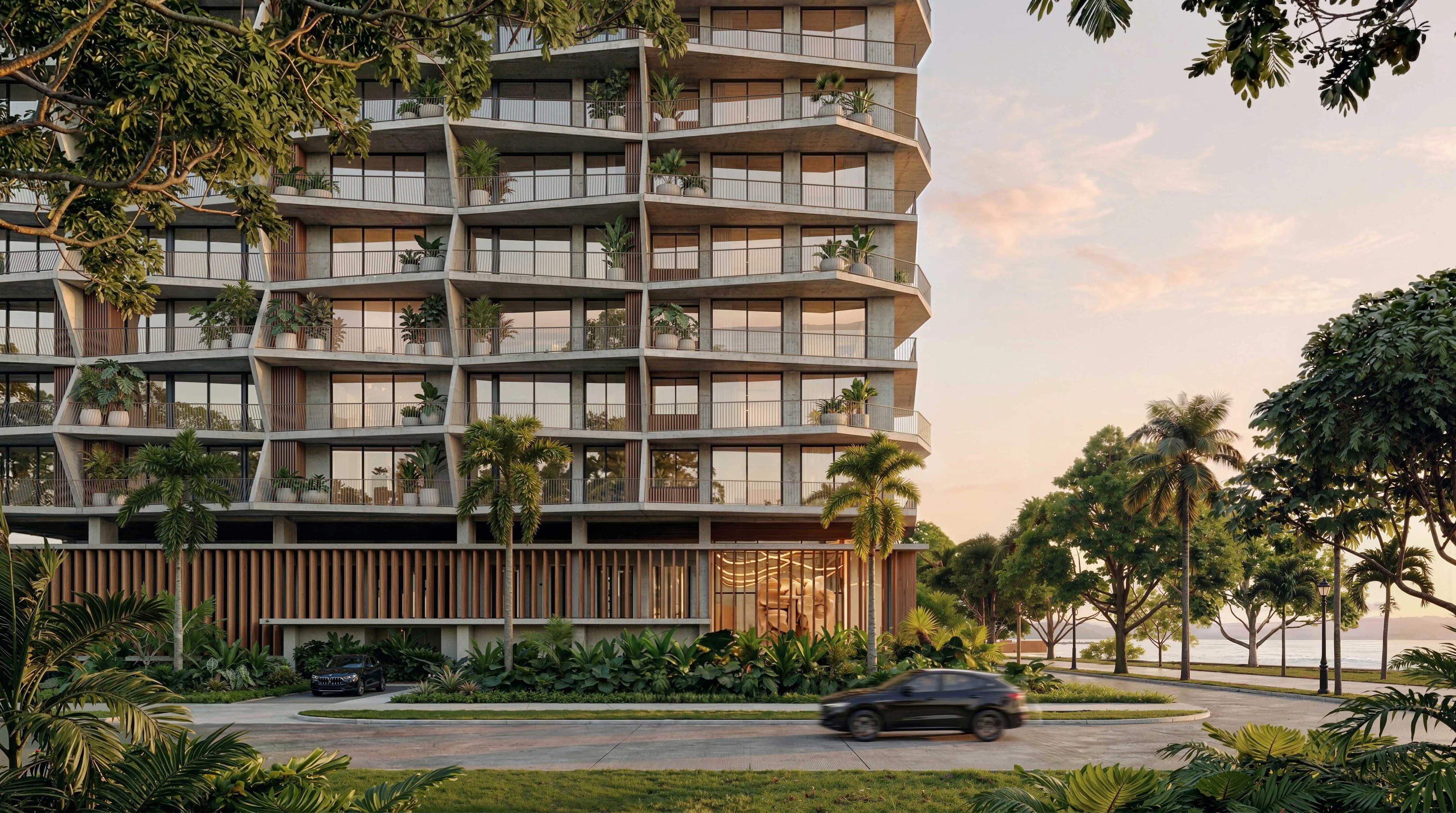 Street-level view of the Nayamara building and its planted balconies