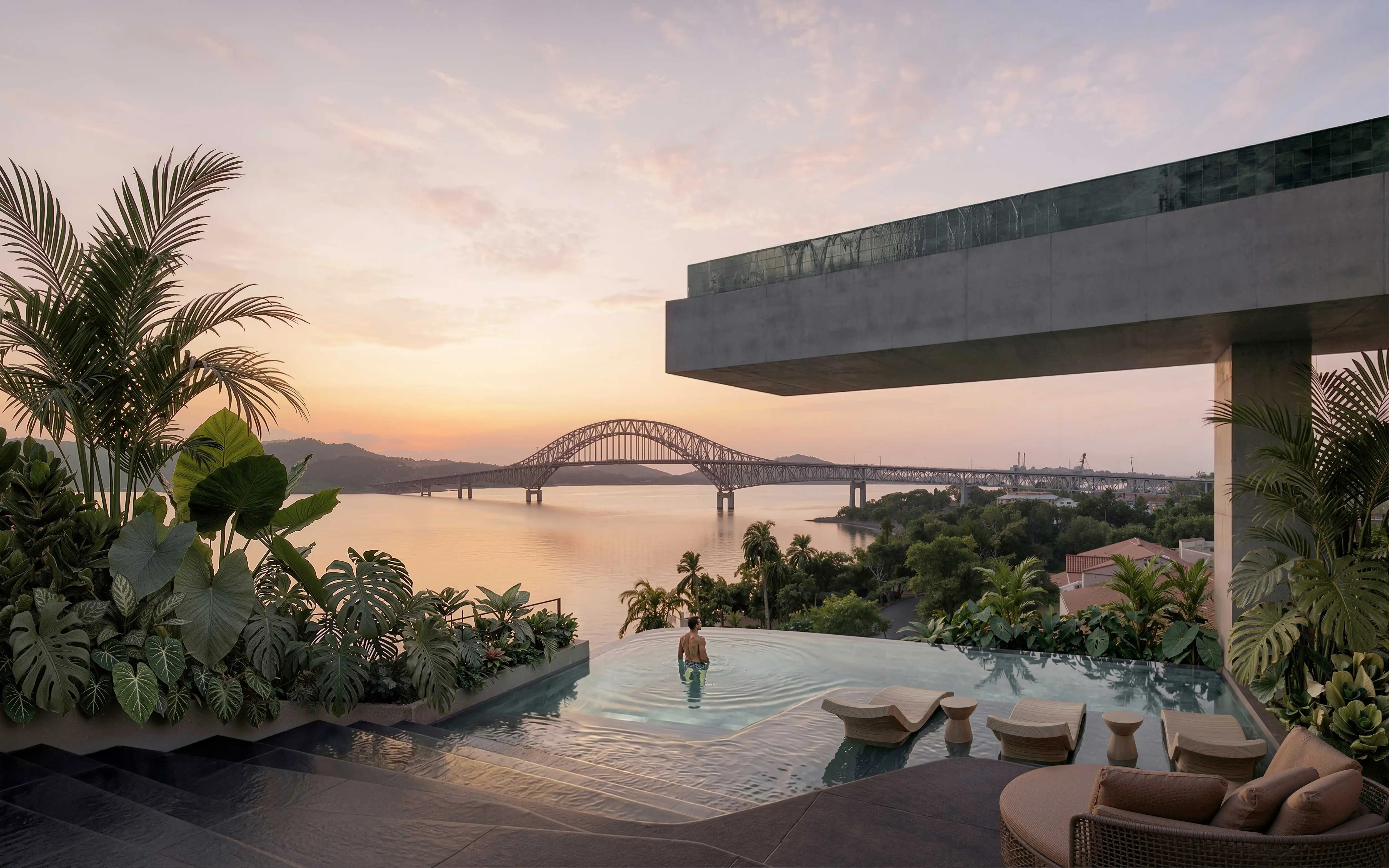 Nayamara infinity pool facing the Bridge of the Americas at sunset
