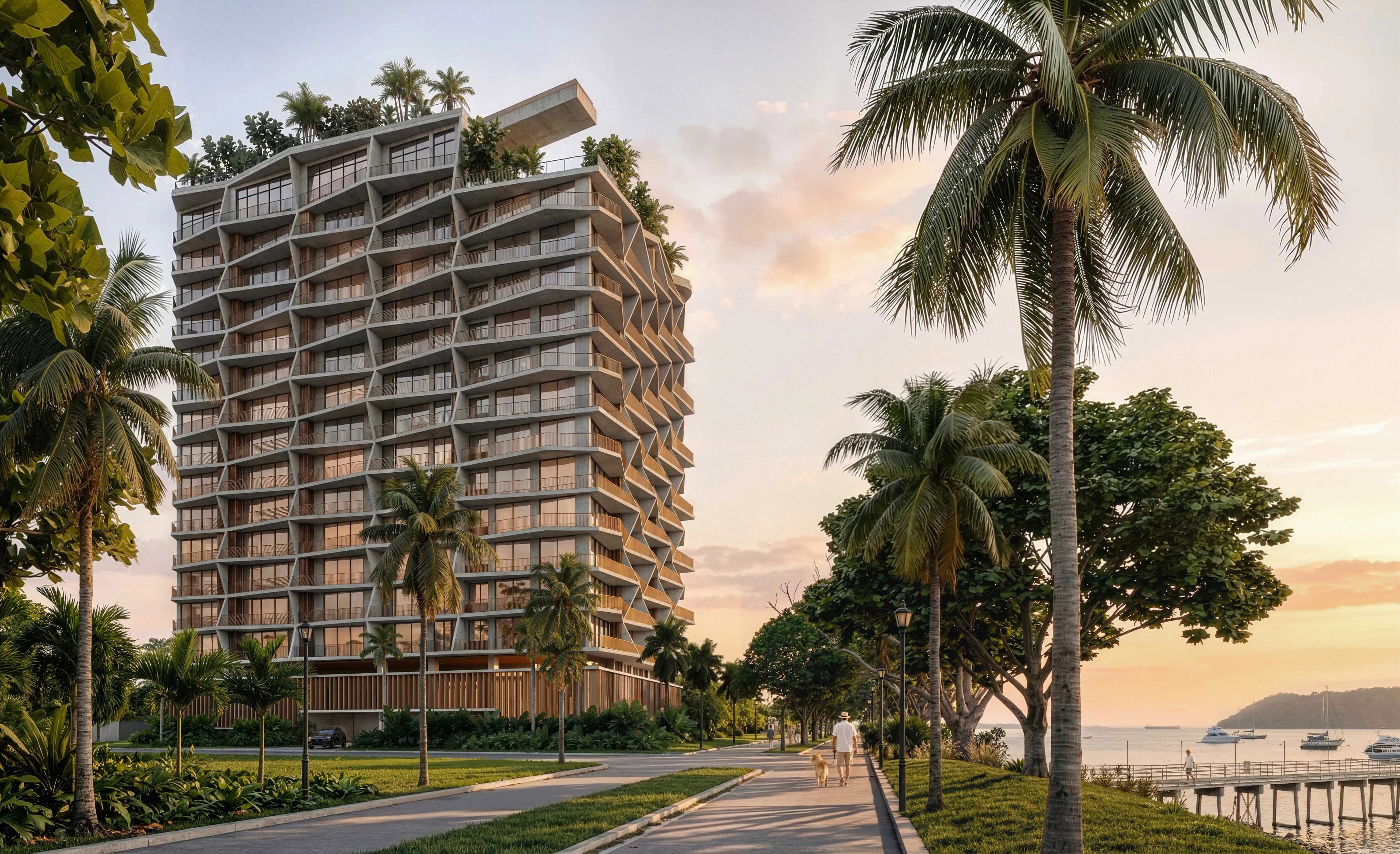Nayamara tower facade seen from the Amador Causeway at sunset