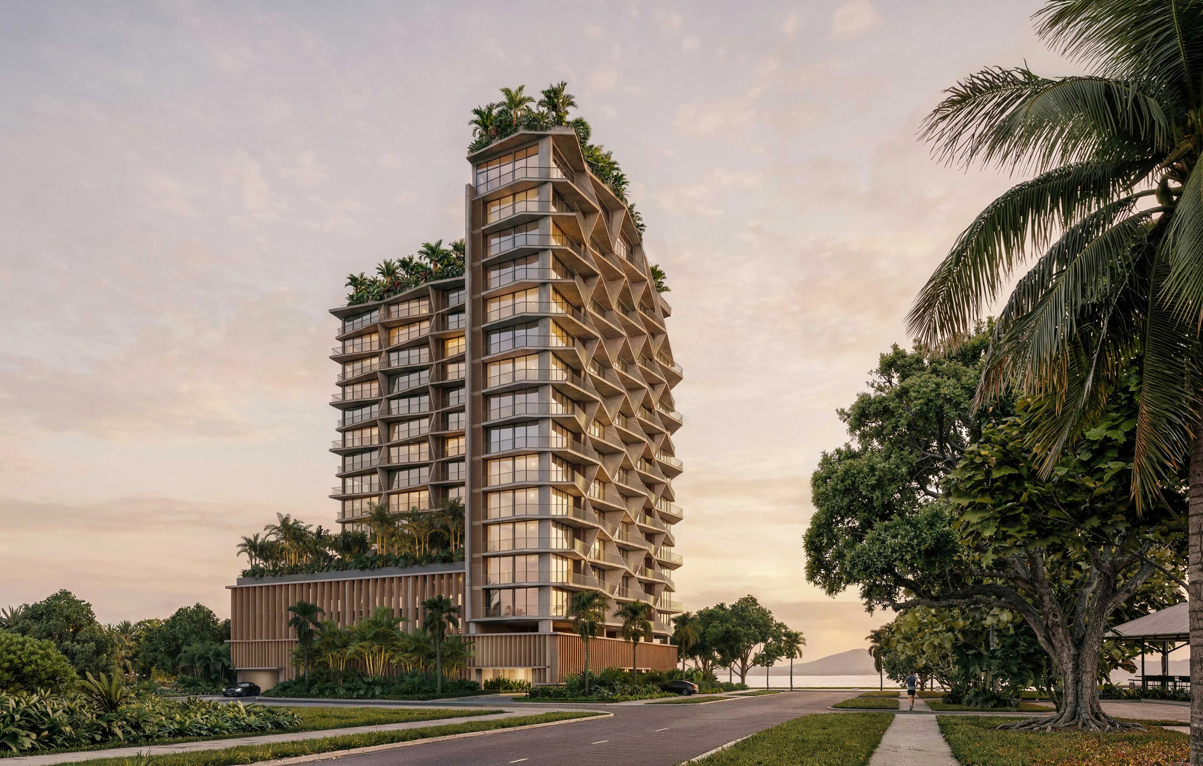 Nayamara tower rising among palm trees on the Amador Causeway, Panama City
