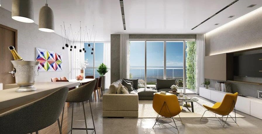 Living room and dining area in a Victory Sport apartment