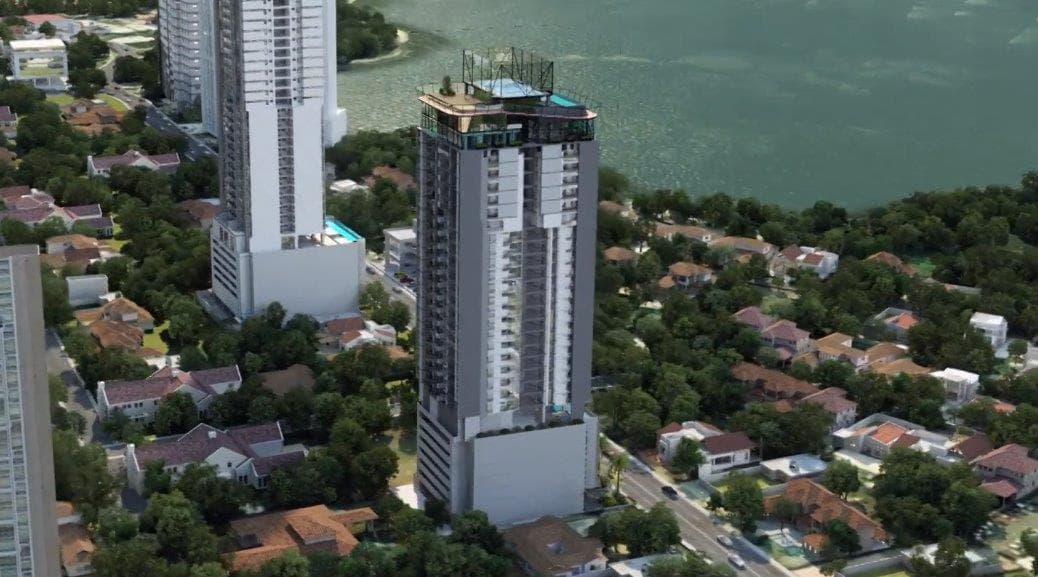 Aerial view of the Victory Sport tower in Coco del Mar near the bay
