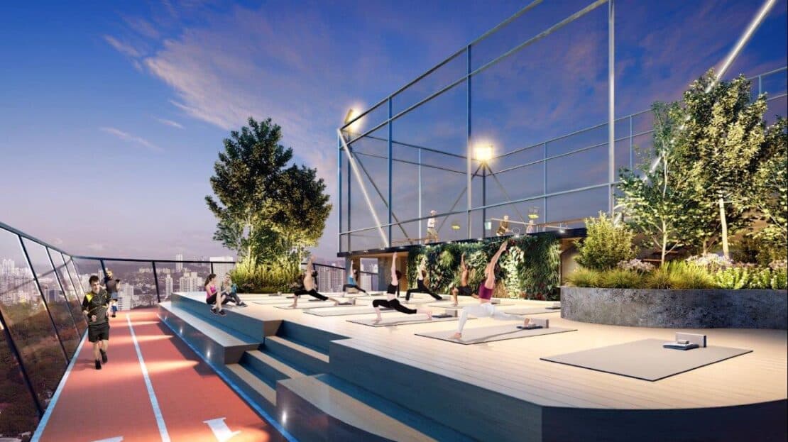 Rooftop running track and workout deck at Victory Sport