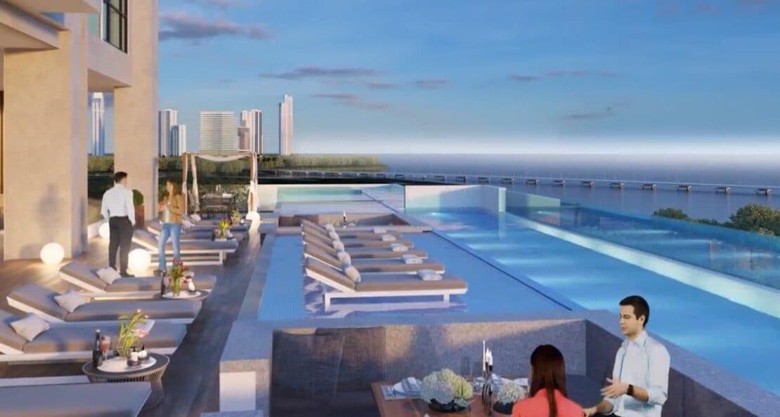 Pool and sun deck overlooking the bay at Victory Sport