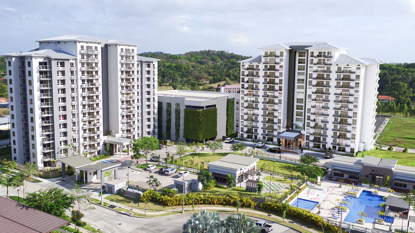 Aerial view of the Parterre towers and pool deck in Panama Pacifico