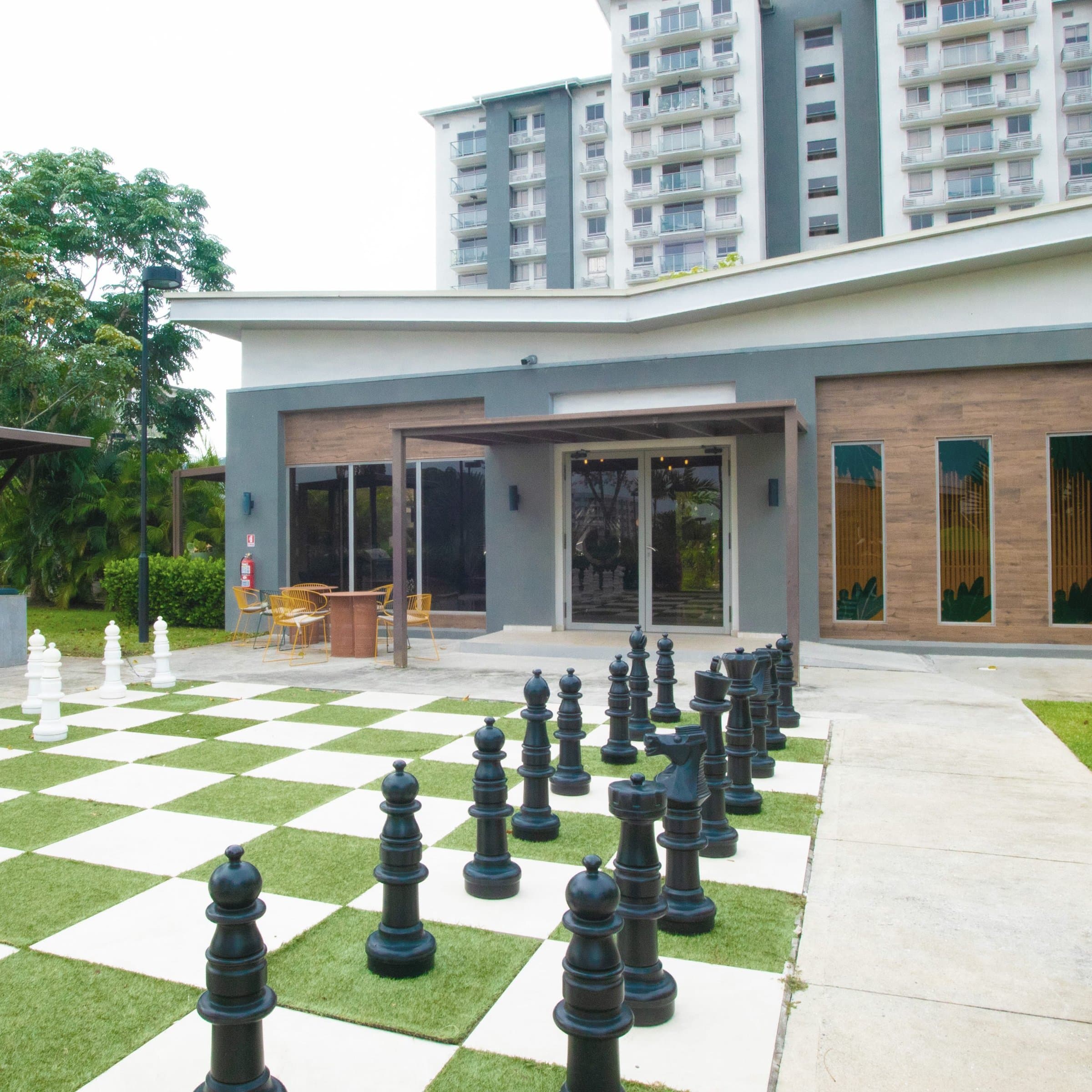 Parterre sports lounge with a giant outdoor chess board