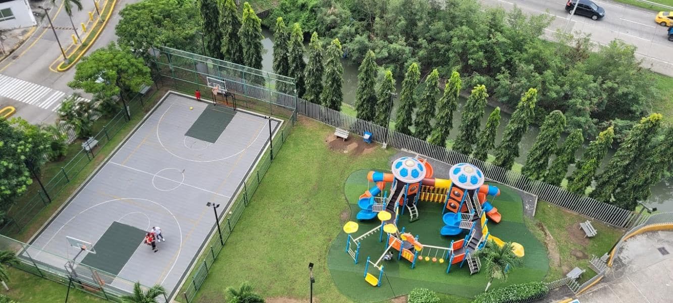 Aerial view of the Terramar sports court and children's playground