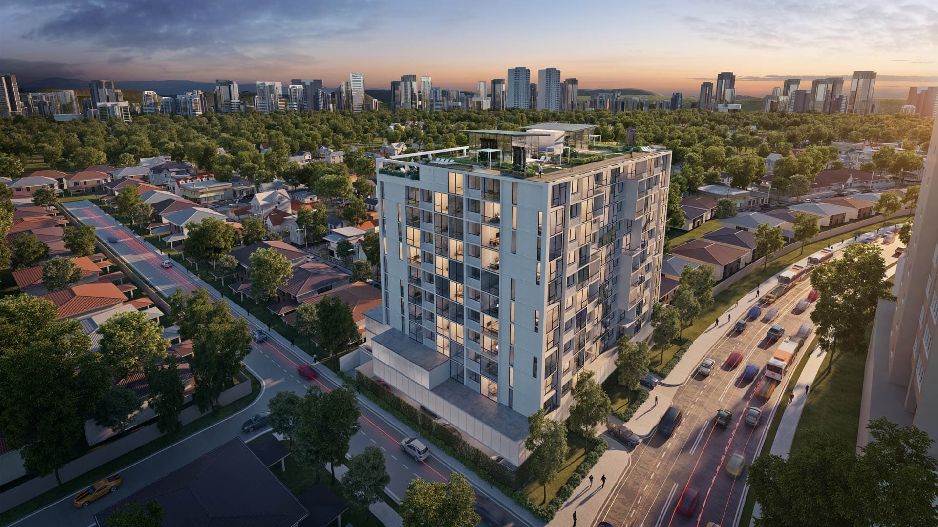 Rendering of the Coco Place apartment building in Coco del Mar with the Panama City skyline