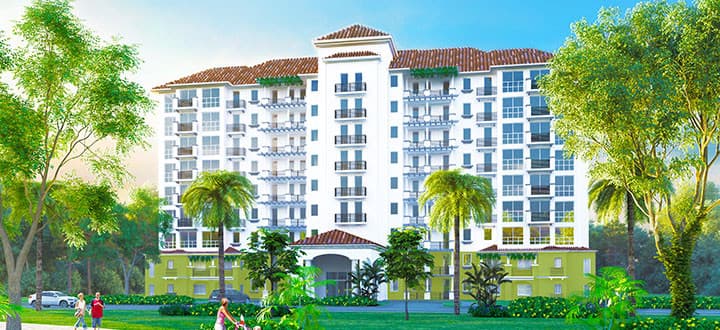 Rendering of a The Reserve residential building among tropical gardens