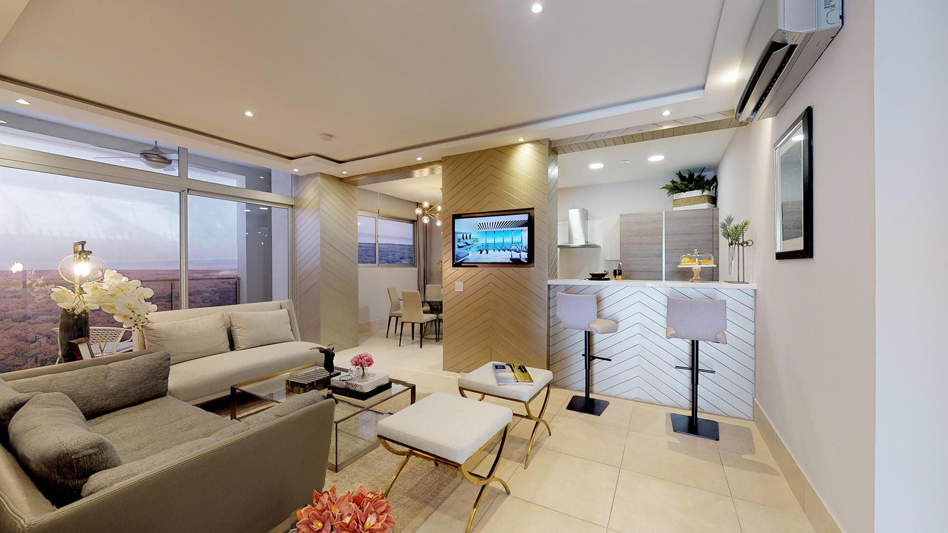 Living area and kitchen of an Ocean House apartment