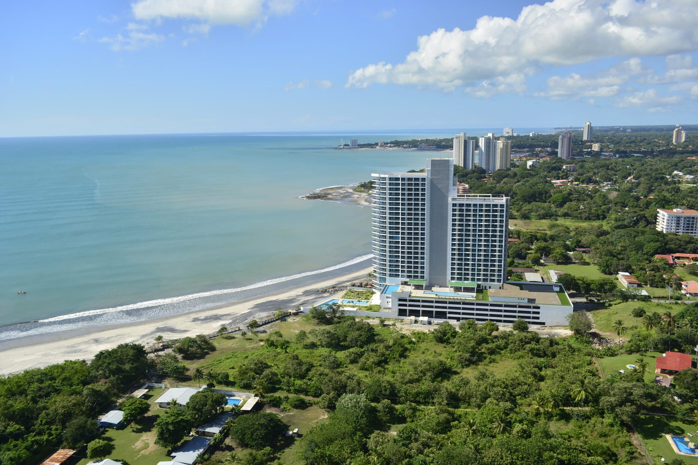Aerial view of the Royal Palm towers on Gorgona beach and the Pacific coastline