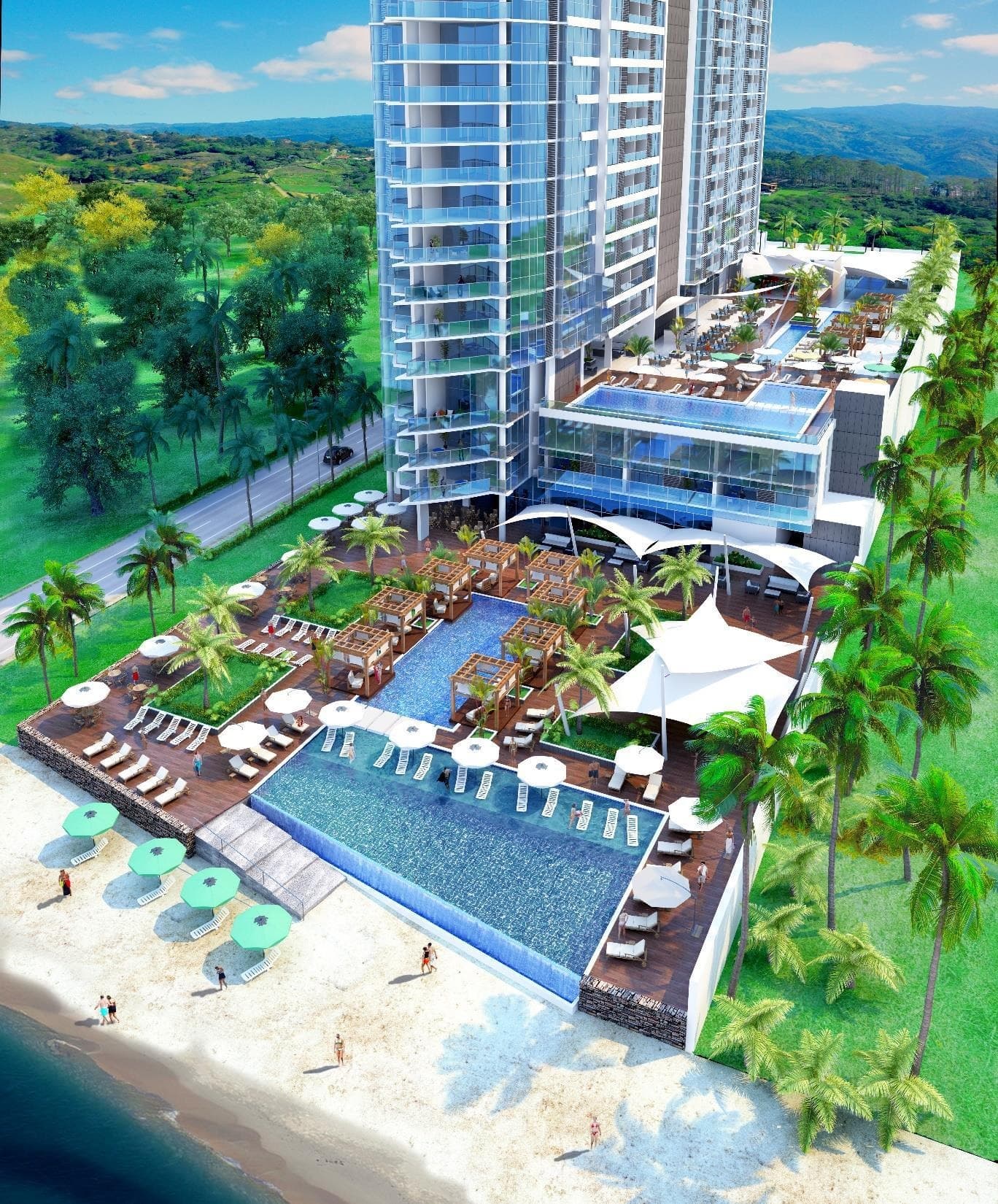 Aerial render of the Royal Palm towers and beachfront pool deck