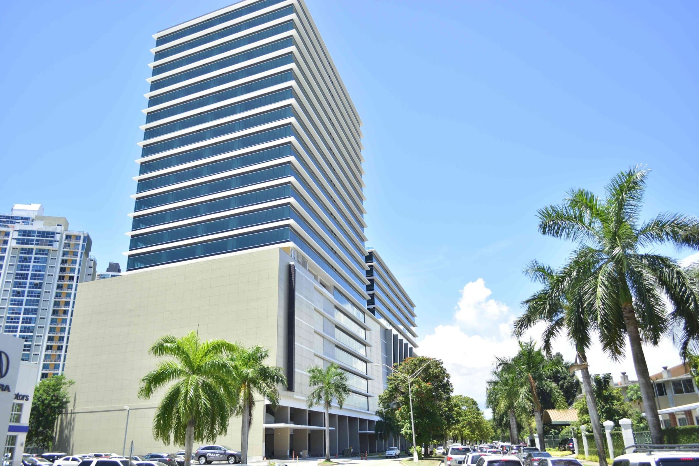 Plaza del Este office tower facade on the Costa del Este boulevard