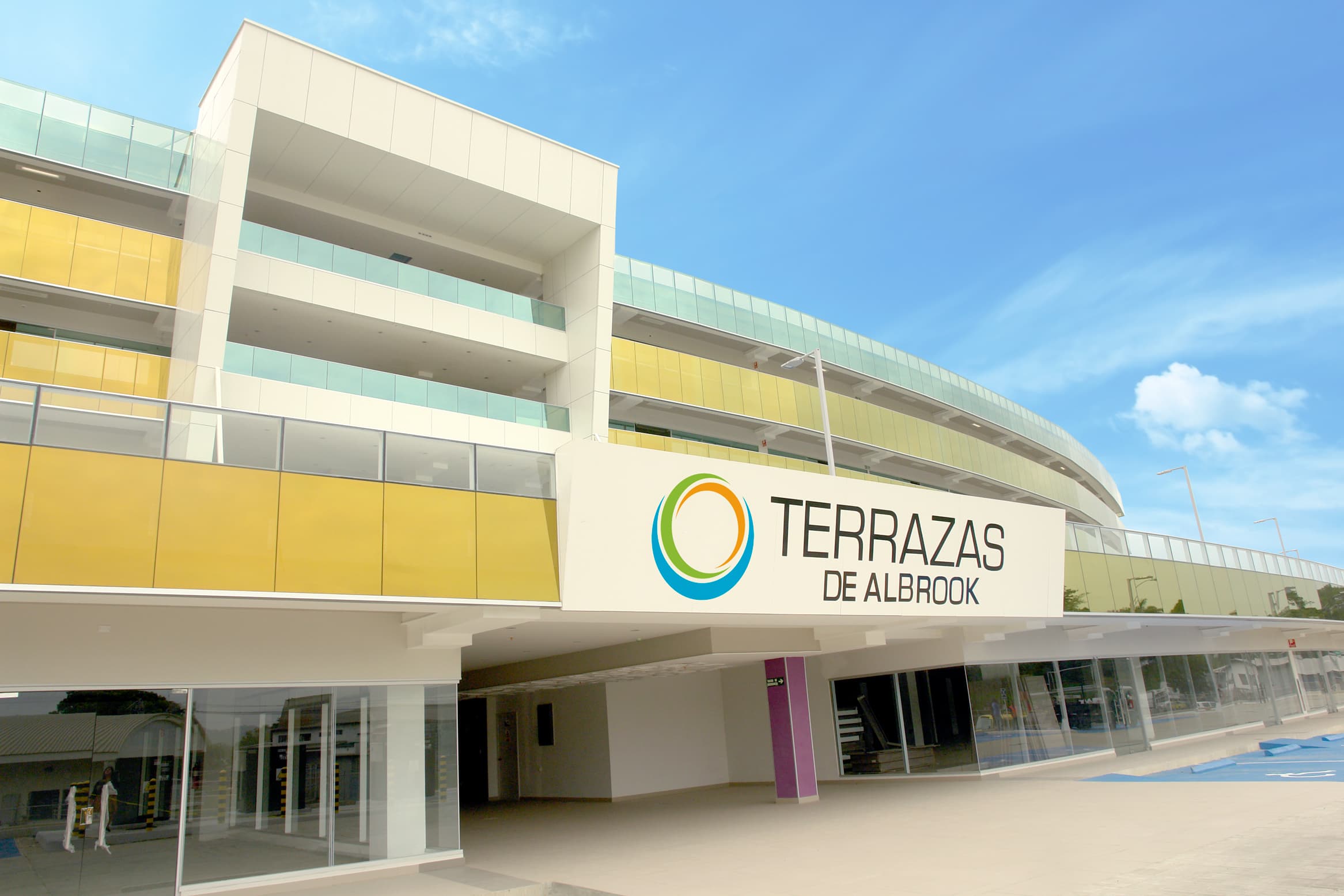 Terrazas de Albrook entrance tower with the plaza sign