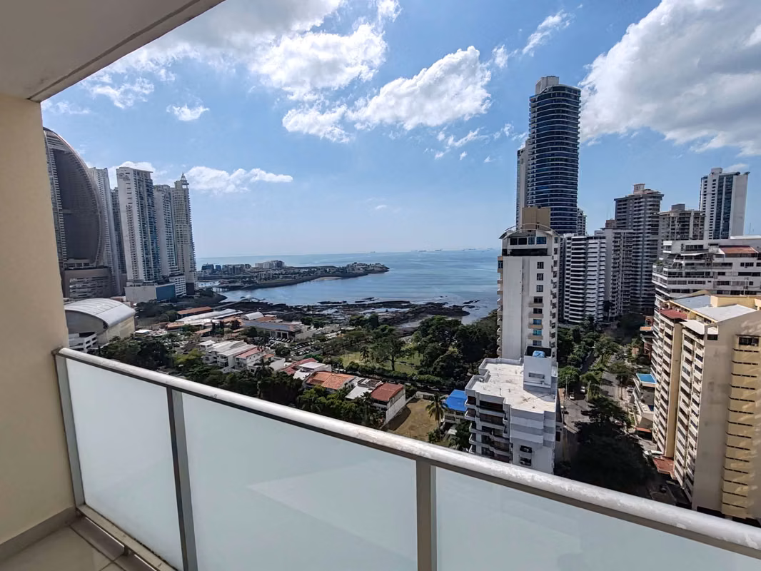 Ocean view over Punta Paitilla and the bay from a balcony at PH Pacific Sky, Panama City