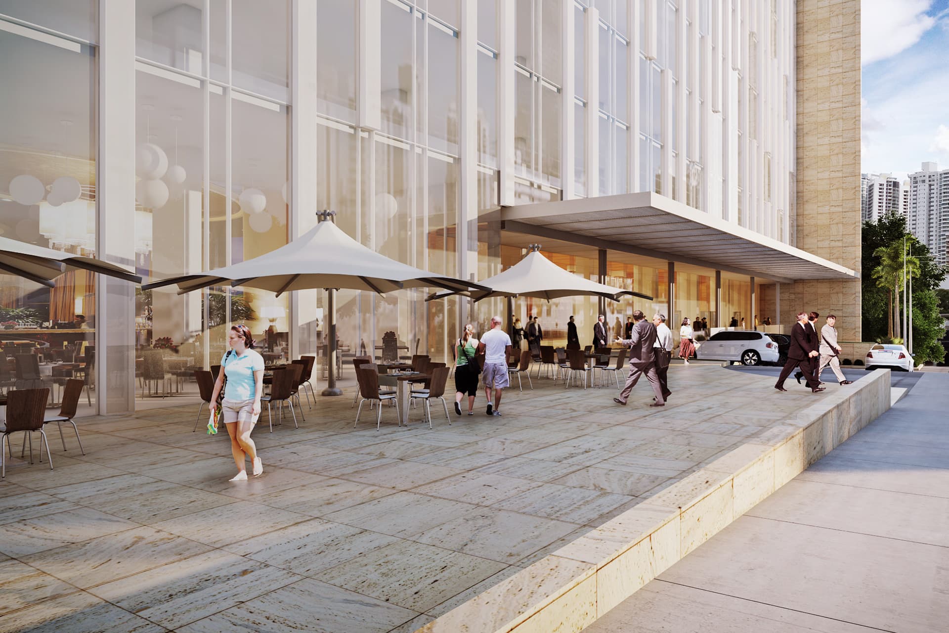 Outdoor cafe terrace in front of the retail level at The Towers Business Plaza