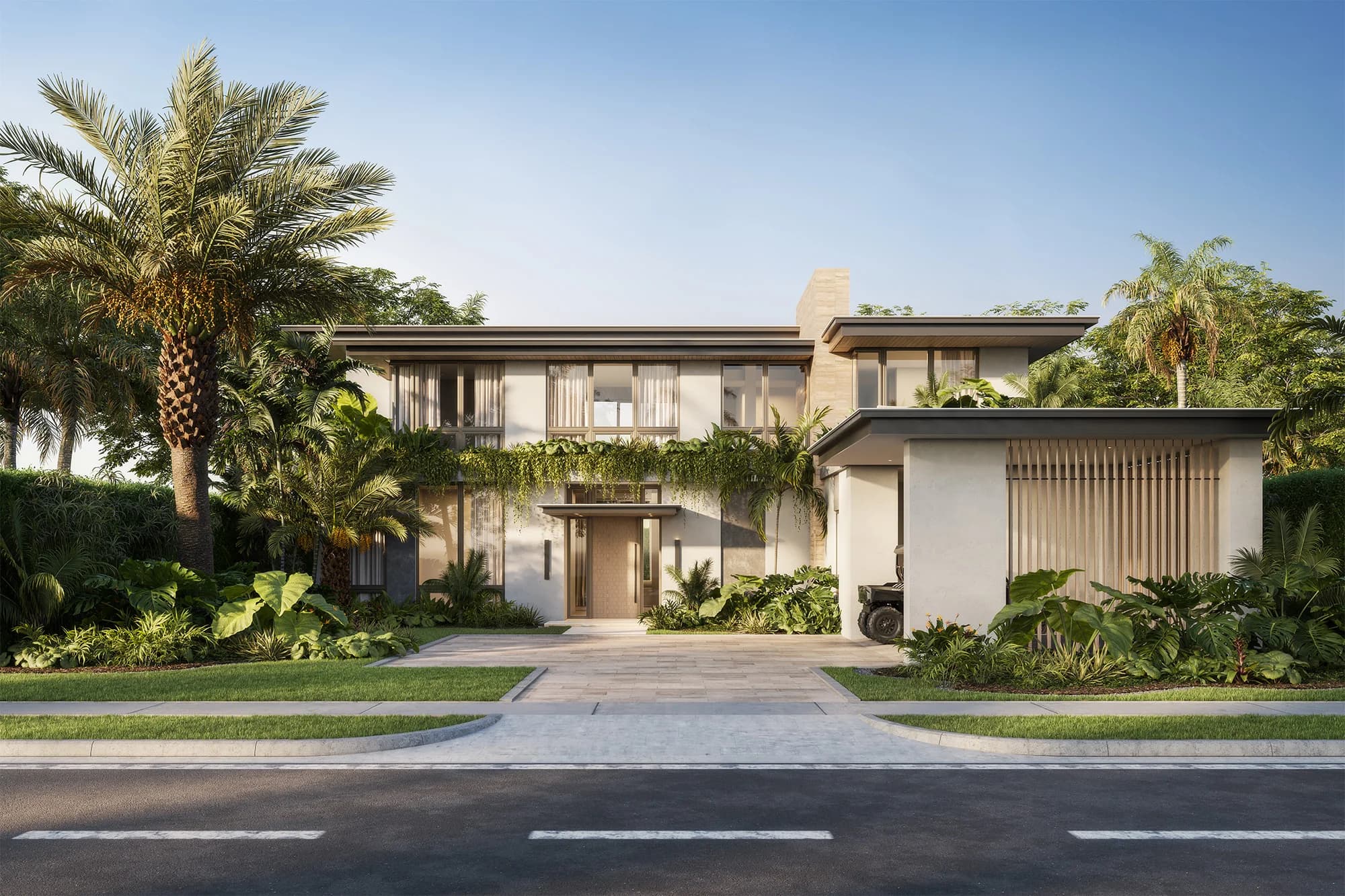 Two-storey modern house at Luxury Residences Península seen from the street in Santa Maria