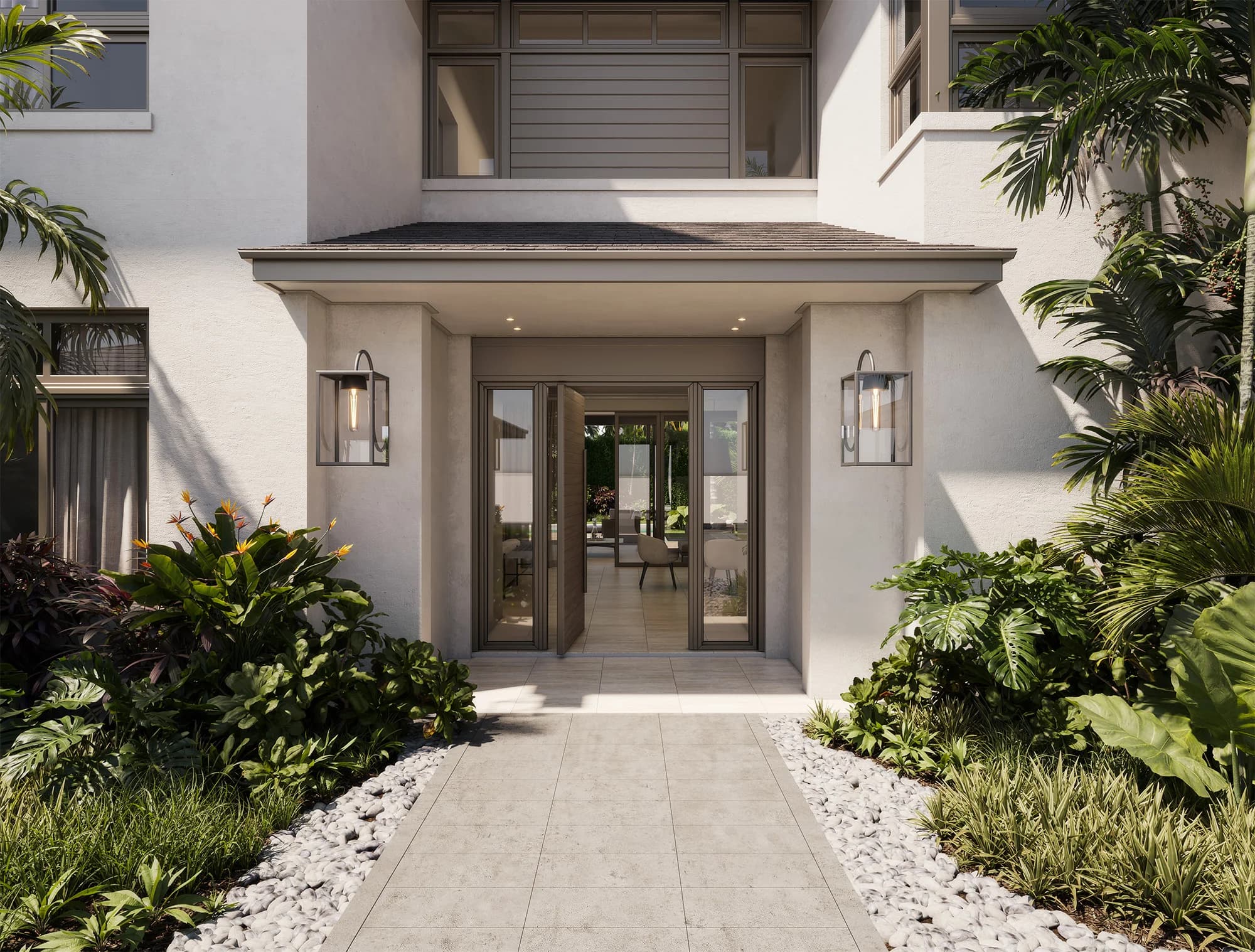 Front entrance with glass doors and lanterns at Luxury Residences Paseo del Este