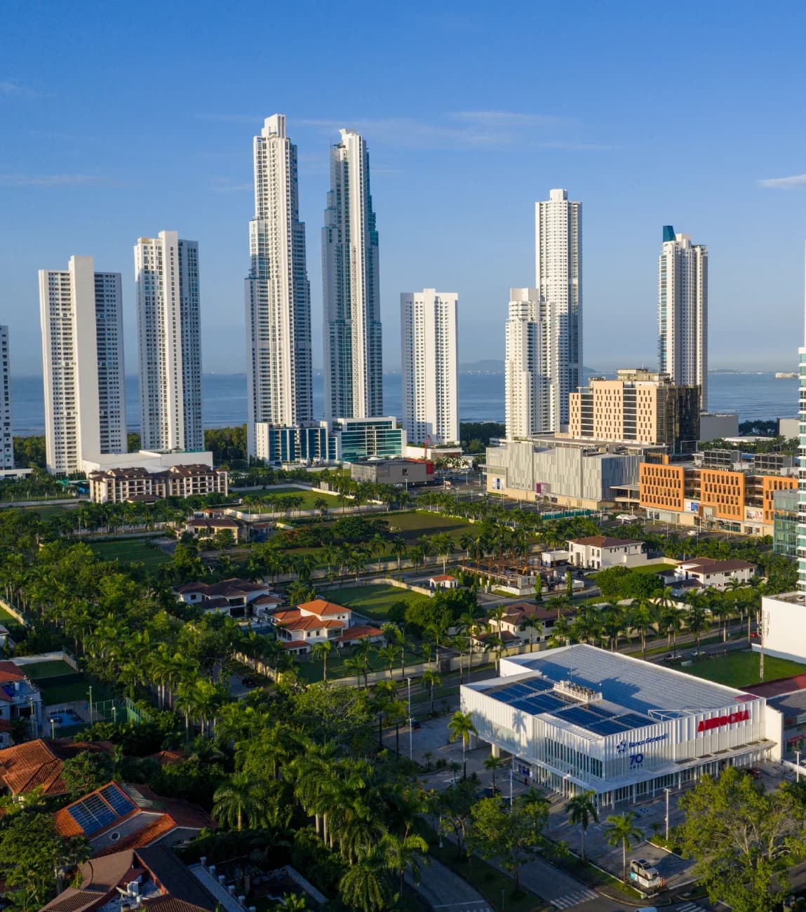 Aerial view of Costa del Este residential streets and towers near Paseo del Este