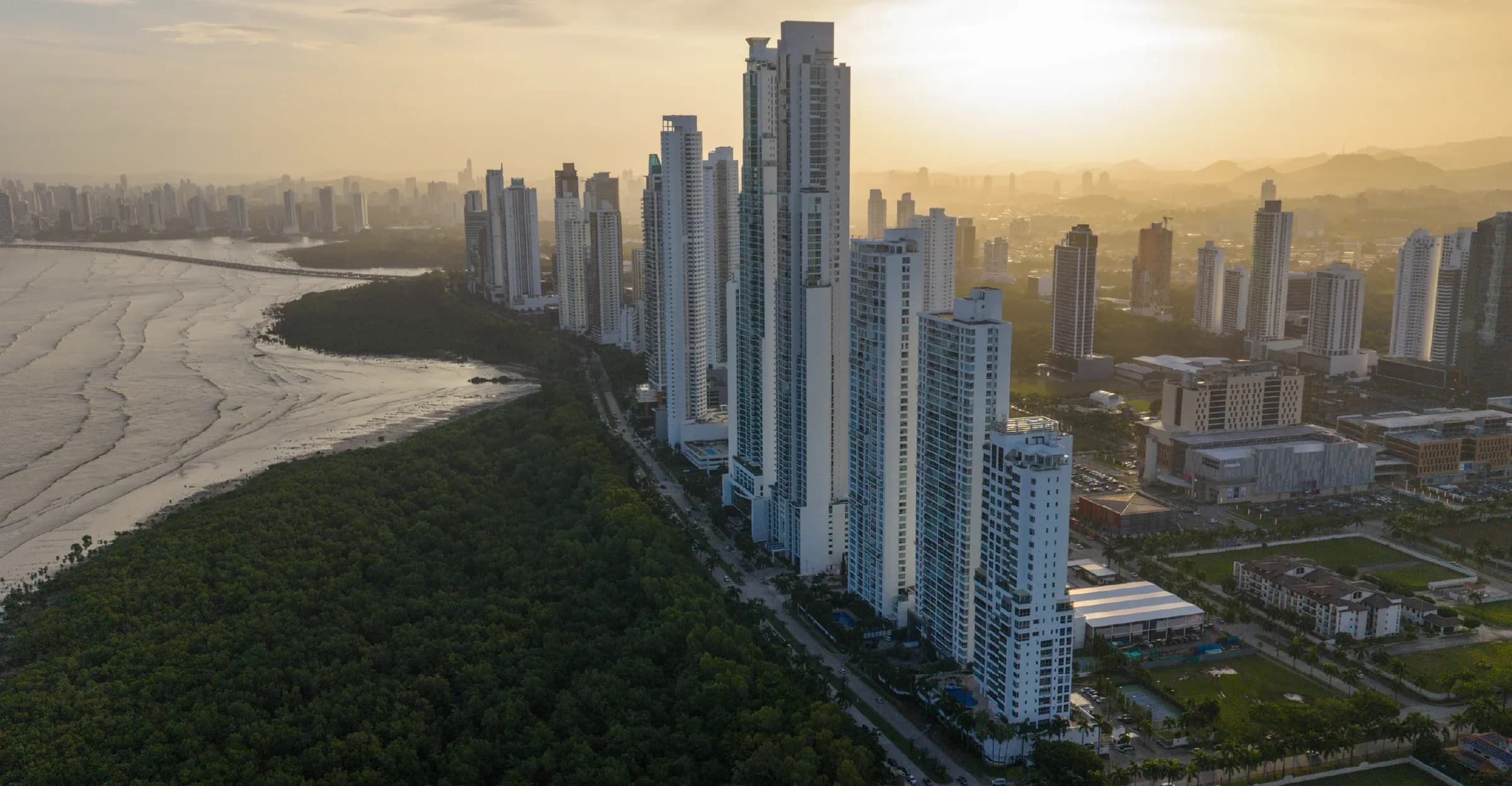 Costa del Este skyline and mangrove coast at sunrise, the setting of Luxury Residences Paseo del Este