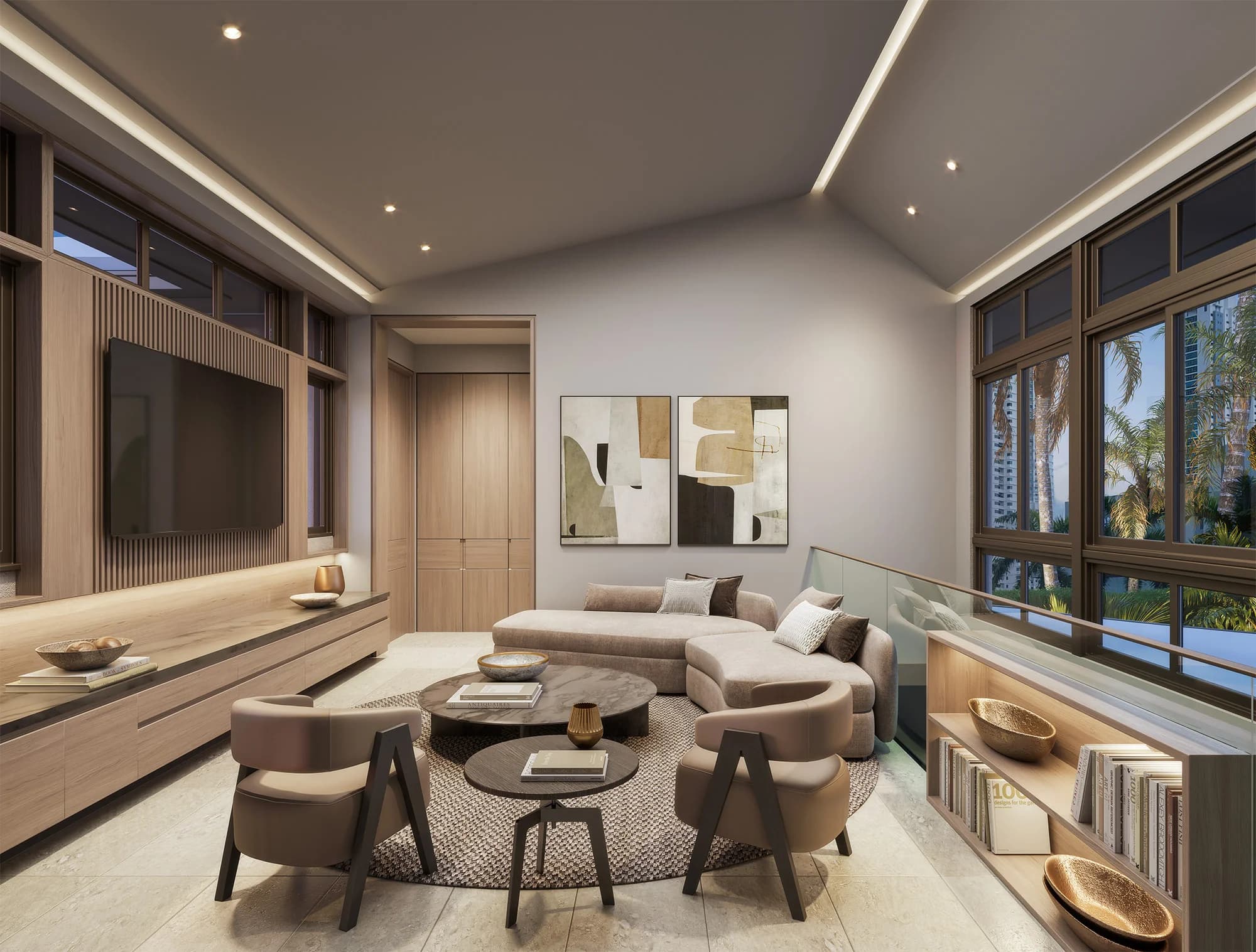 Family room with wood media wall in a Luxury Residences Paseo del Este house