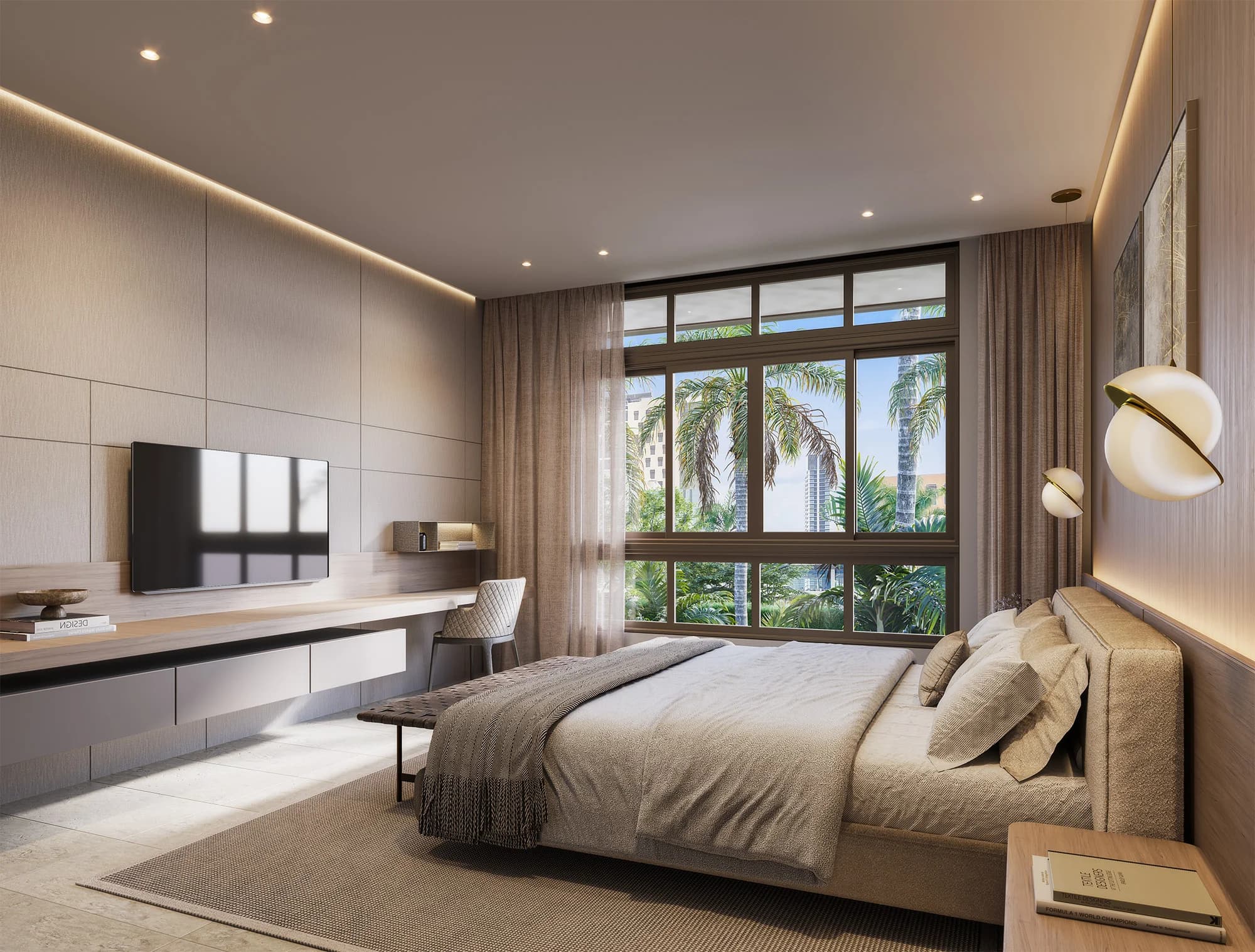 Bedroom with large garden-view window at Luxury Residences Paseo del Este