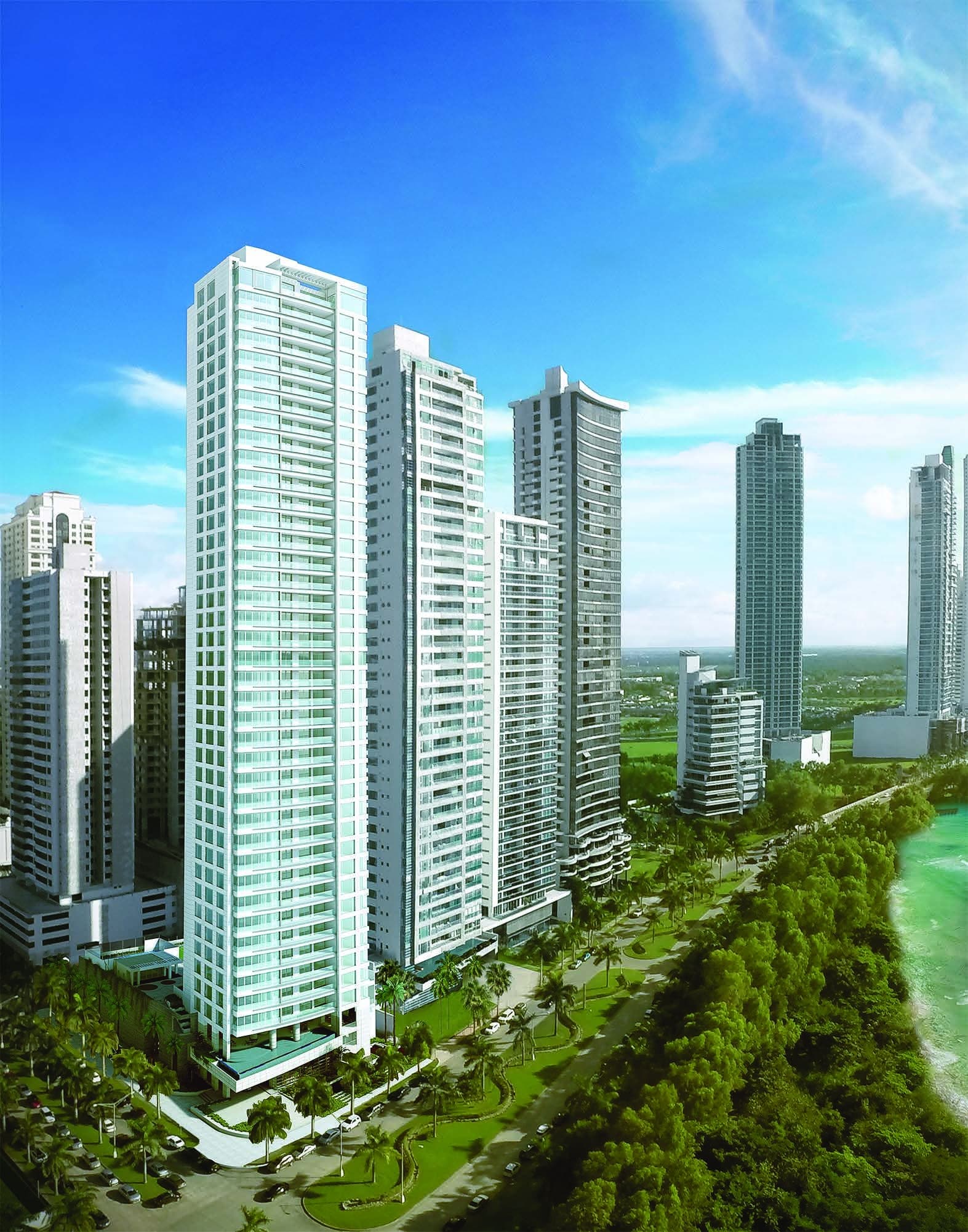 Rendering of the white Marea II residential tower on the Costa del Este waterfront beside neighbouring high-rises