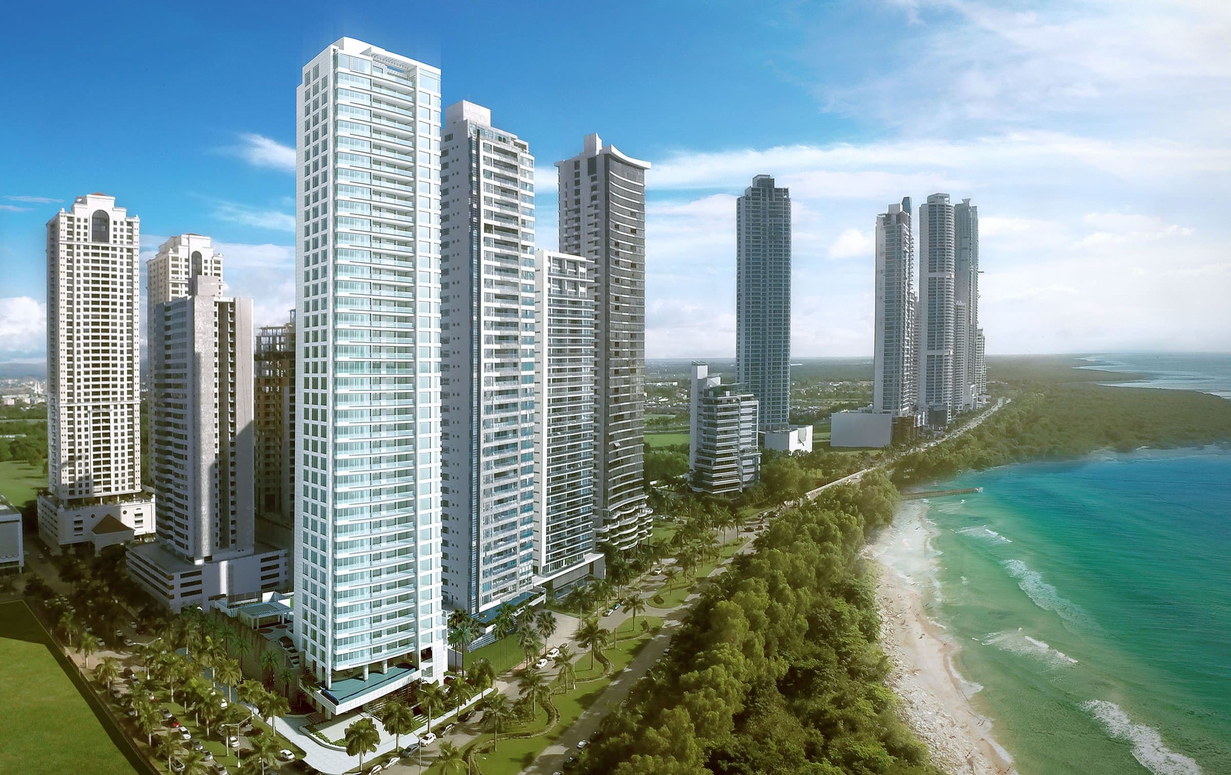 Aerial rendering of the Marea II tower on the Costa del Este waterfront beside the beach and neighbouring high-rises