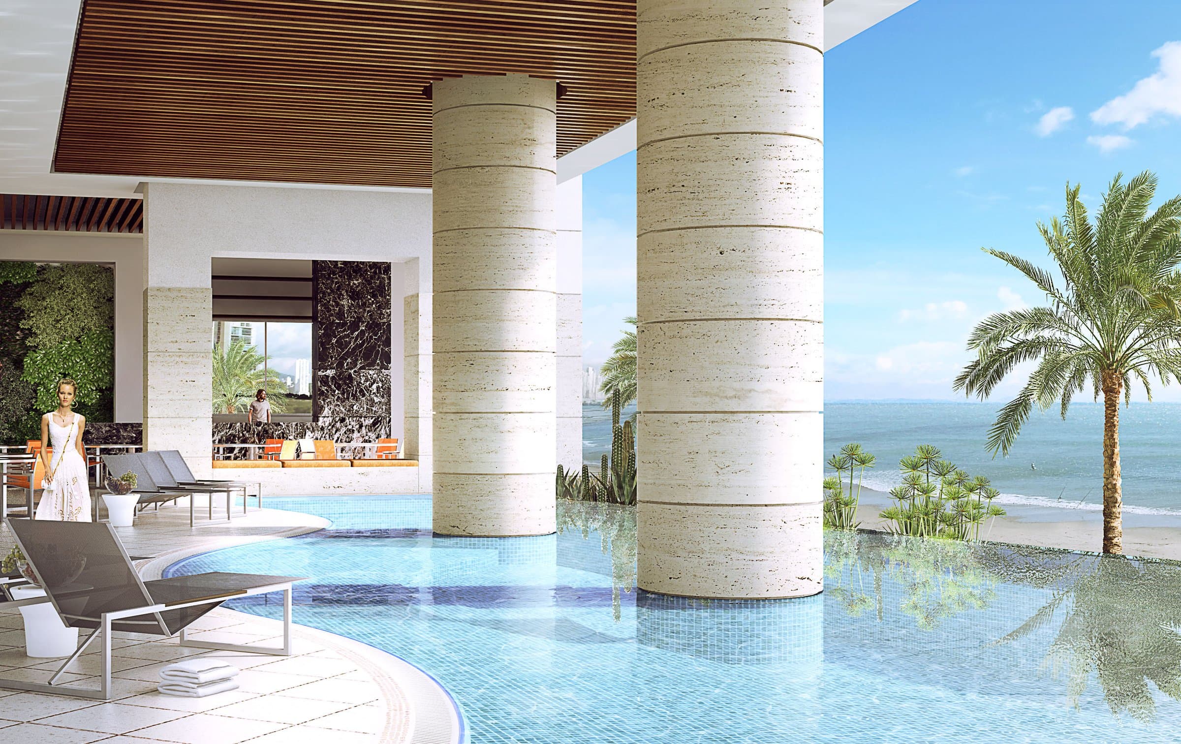 Rendering of the Marea II pool terrace with travertine columns and an ocean view, Costa del Este