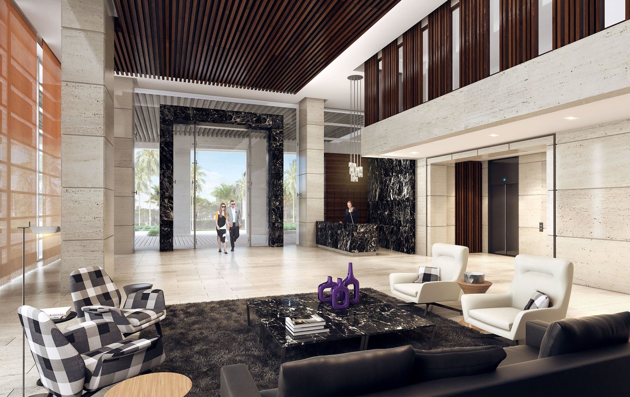 Rendering of the double-height lobby lounge of Marea II in Costa del Este