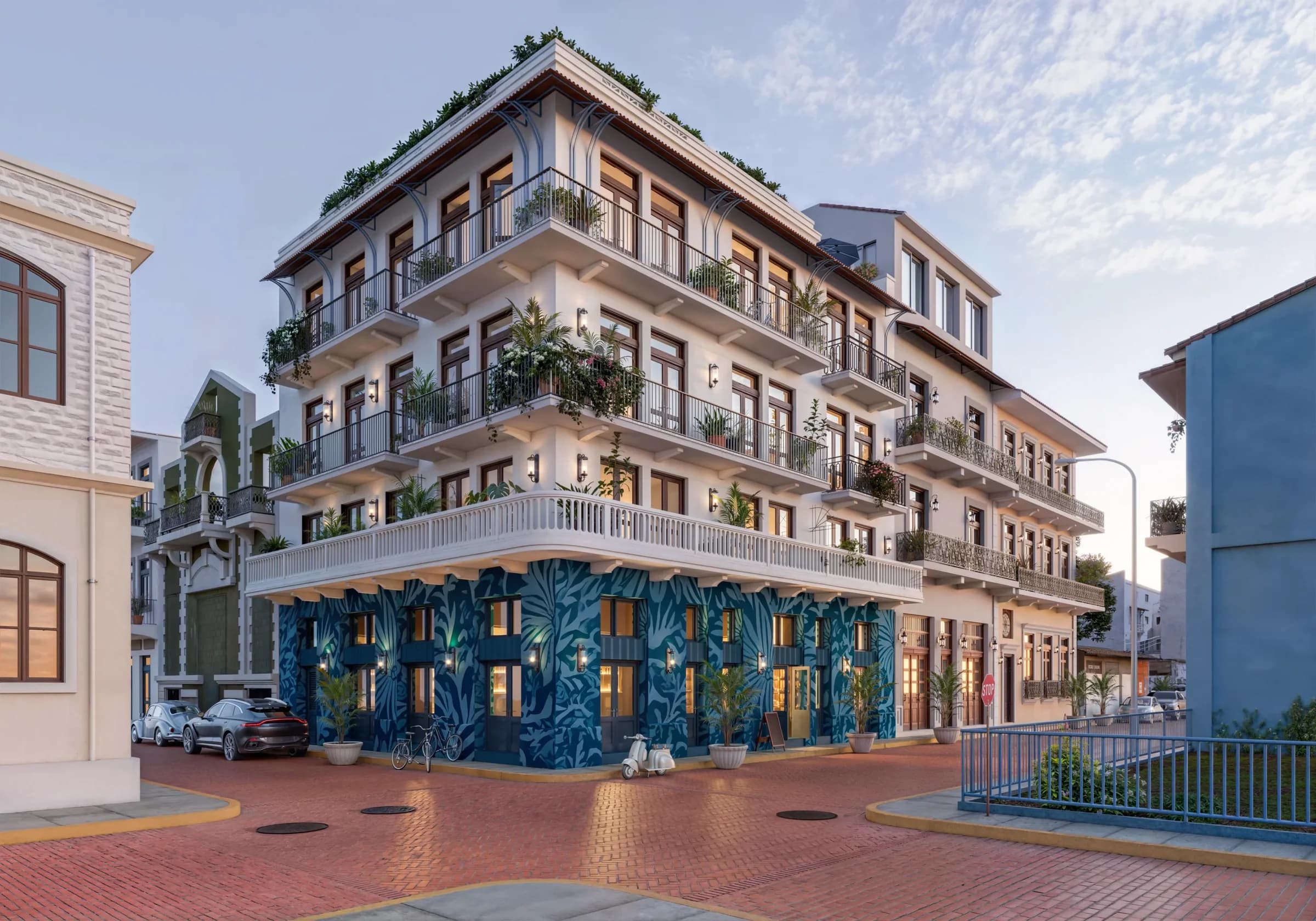 Doña Ceci corner facade with blue tropical mural storefronts and plant-lined balconies in Casco Antiguo
