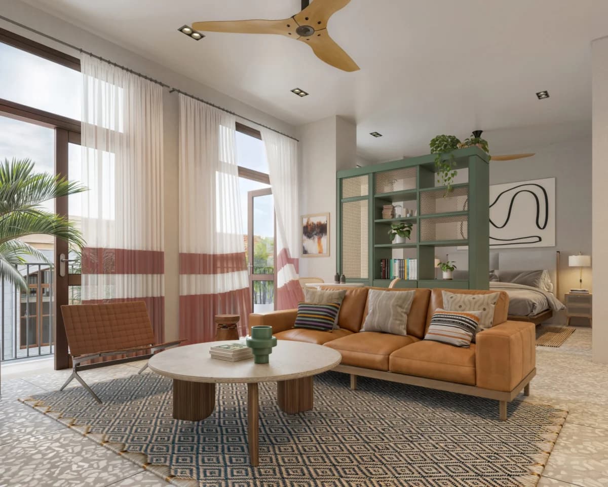 Open living area with terracotta sofa and green shelving in a Doña Ceci type C apartment