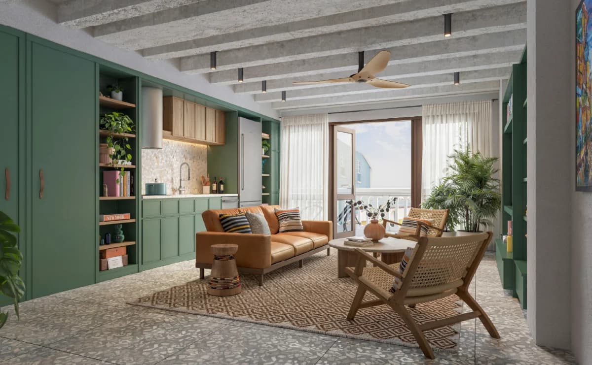 Living room and green kitchen cabinetry with balcony door in a Doña Ceci type A apartment