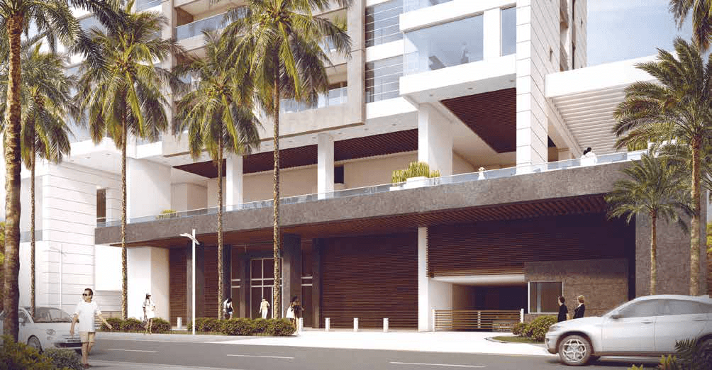Rendering of the Aria tower base with its palm-lined entrance and drop-off in Costa del Este