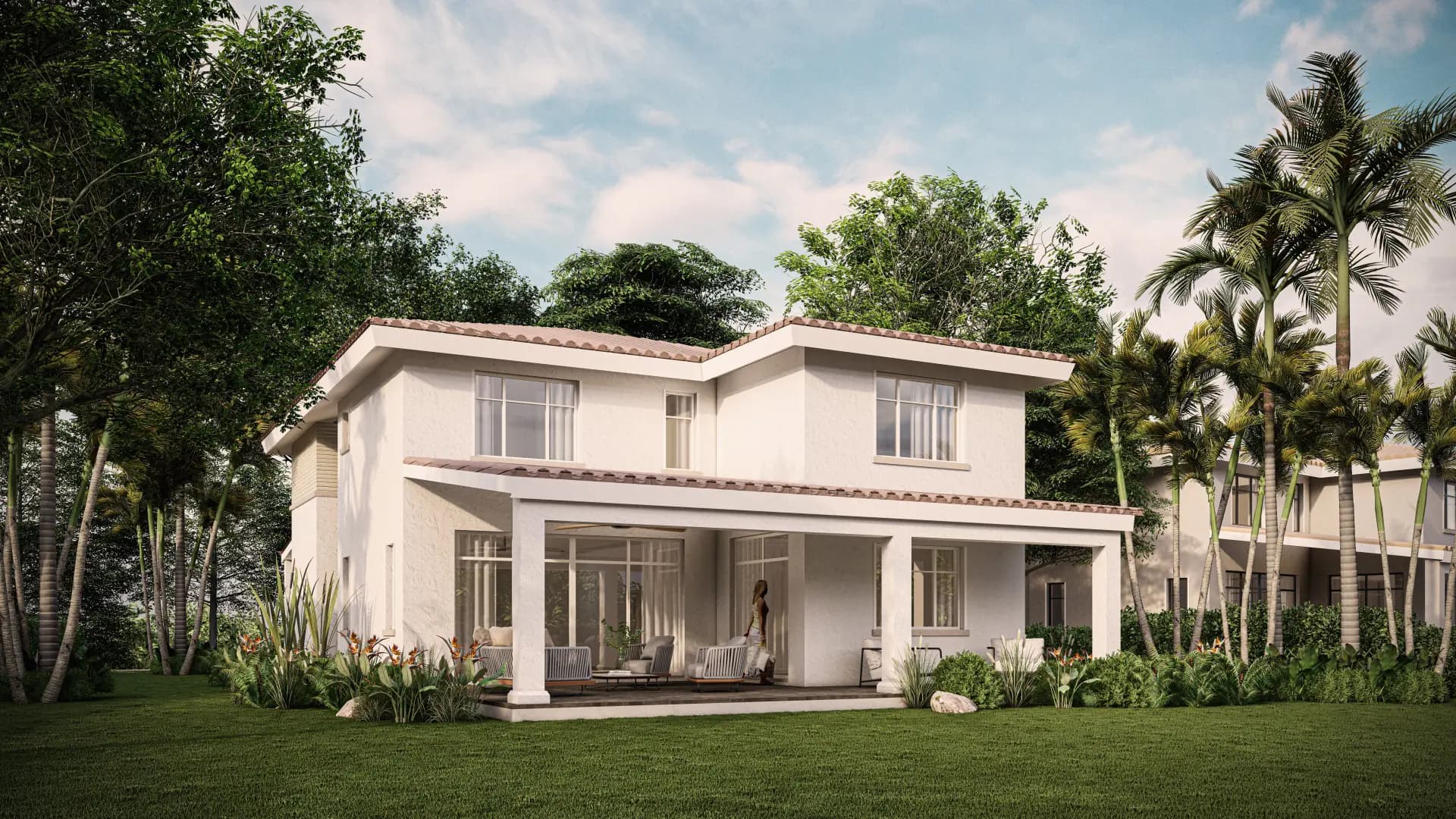 Rendering of a Veranera house with covered terrace among palm trees at Bijao