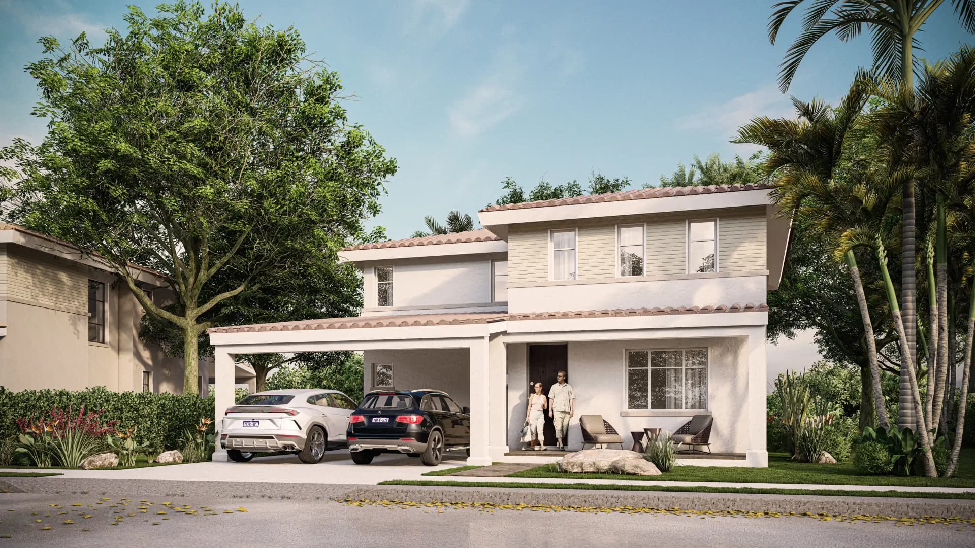 Rendering of a Veranera house with two-car covered parking at Bijao