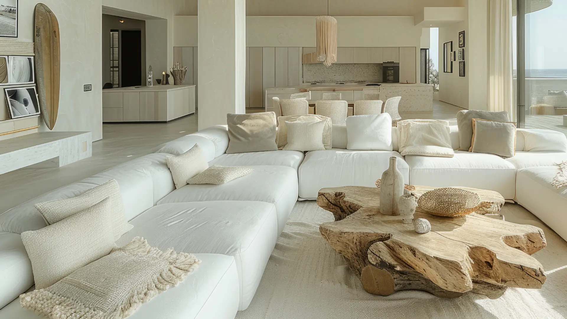 Bright living room with white sectional sofa inside a Veranera house