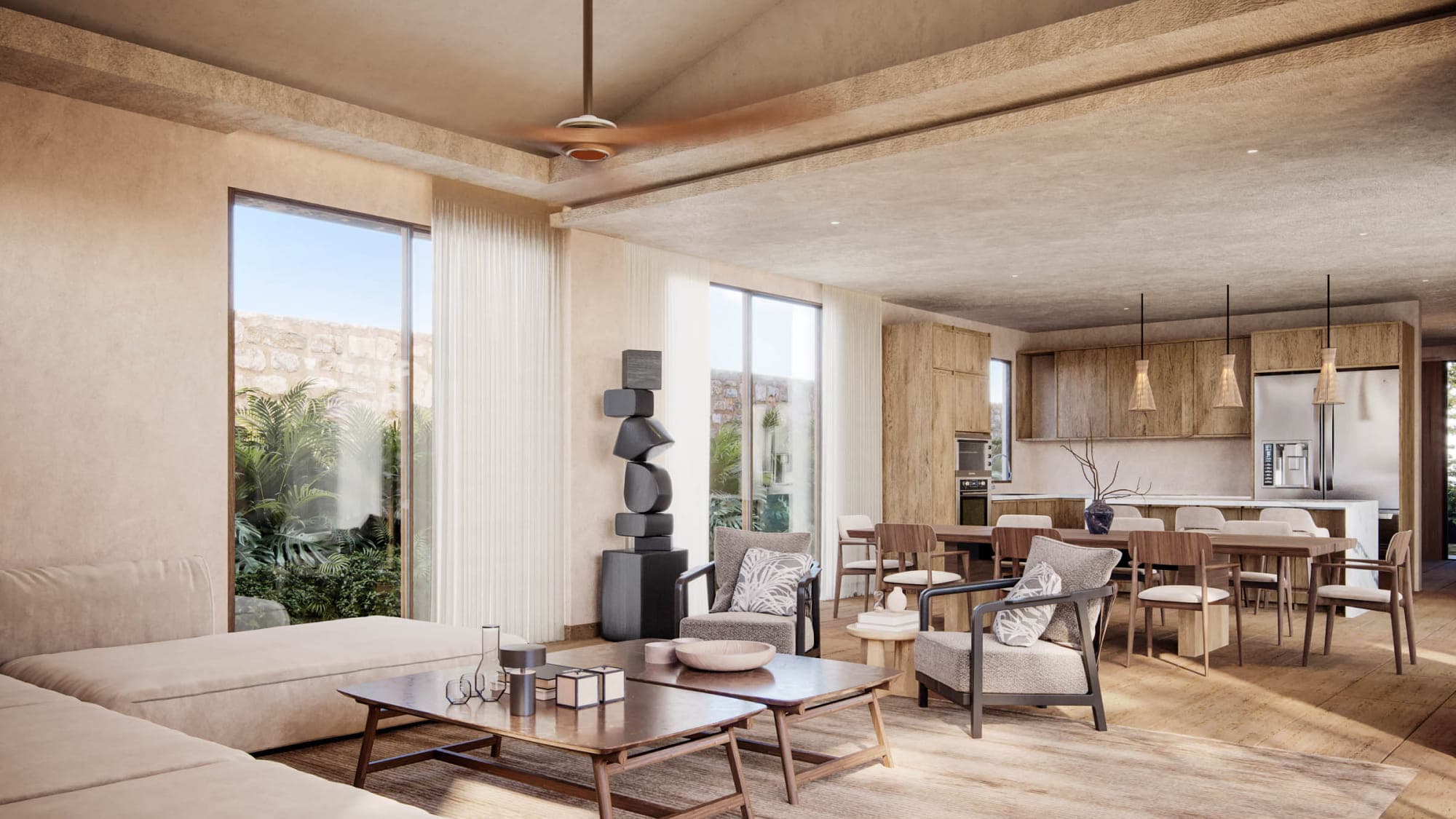 Open living, dining and kitchen area in an Andrómeda Pedasí home