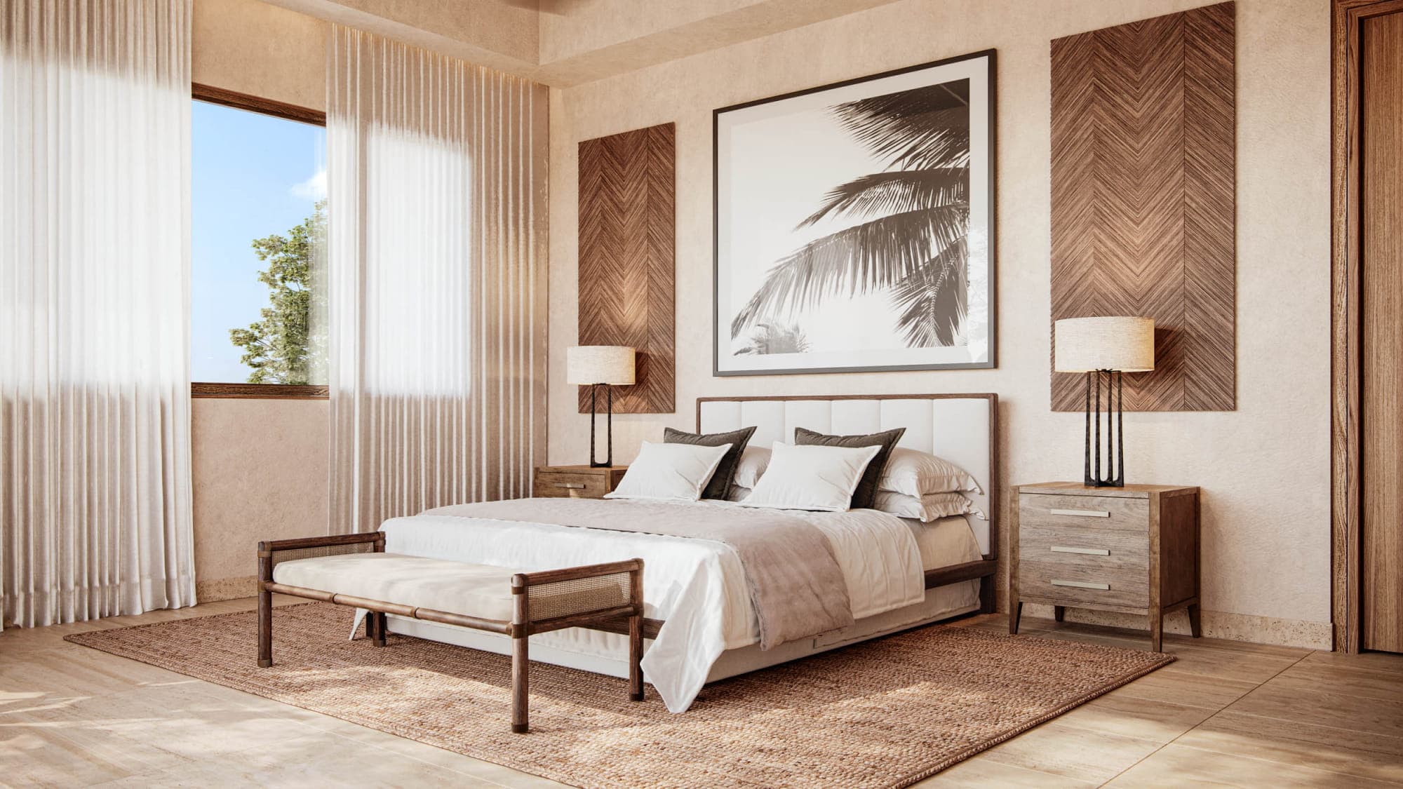 Master bedroom with warm wood accents in an Andrómeda Pedasí home