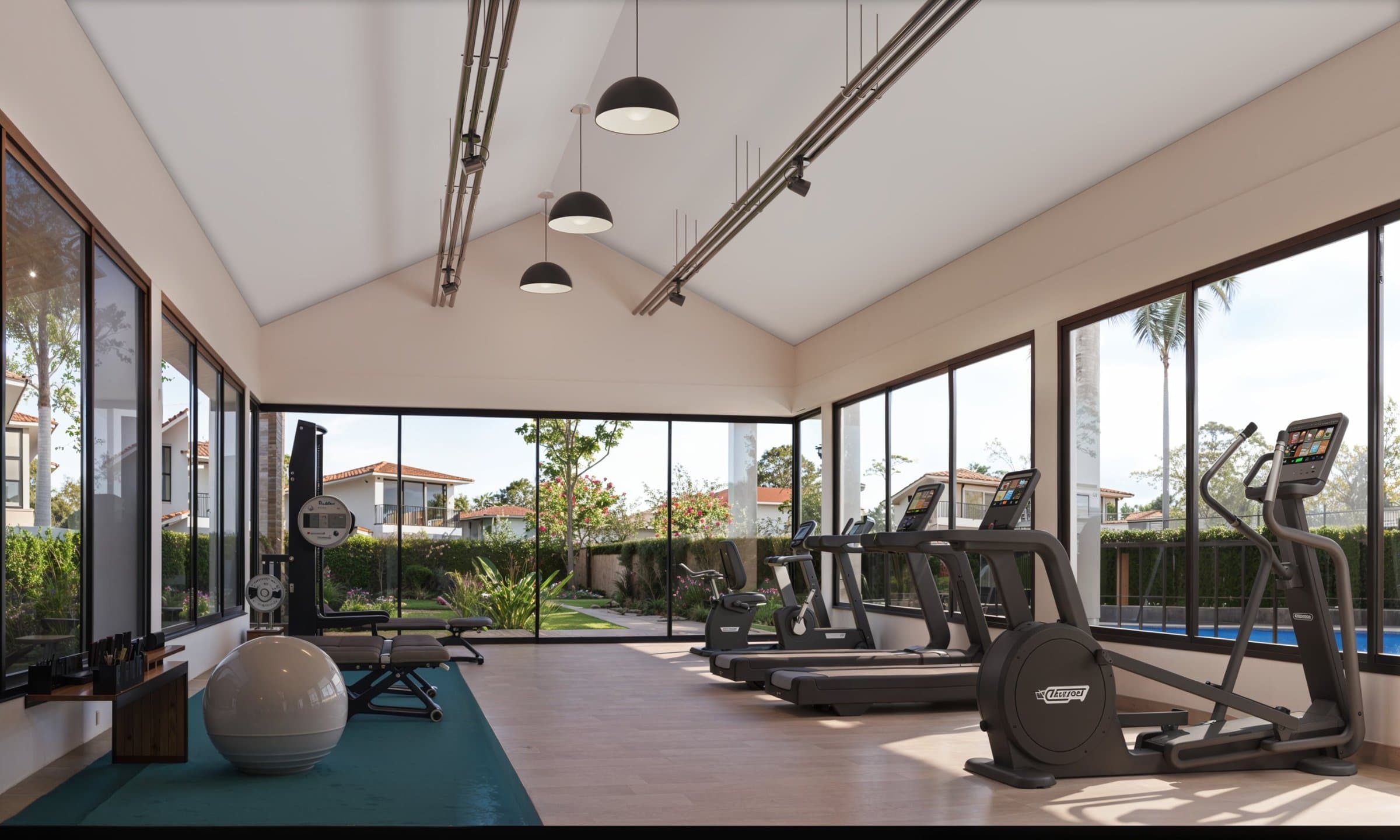 Glass-walled gym overlooking the gardens at Alborada