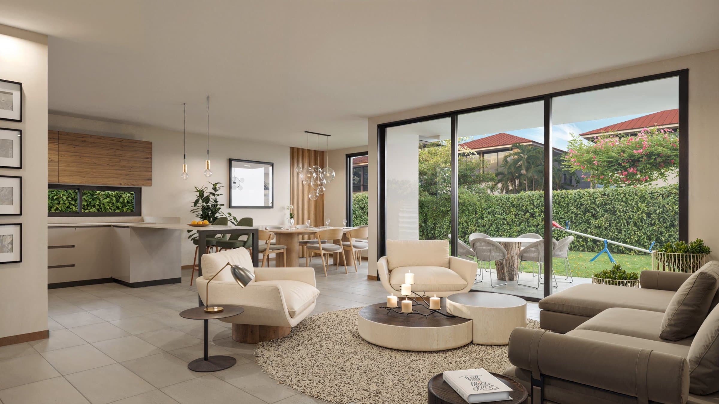 Open living room and kitchen with sliding doors to the garden in an Alborada house