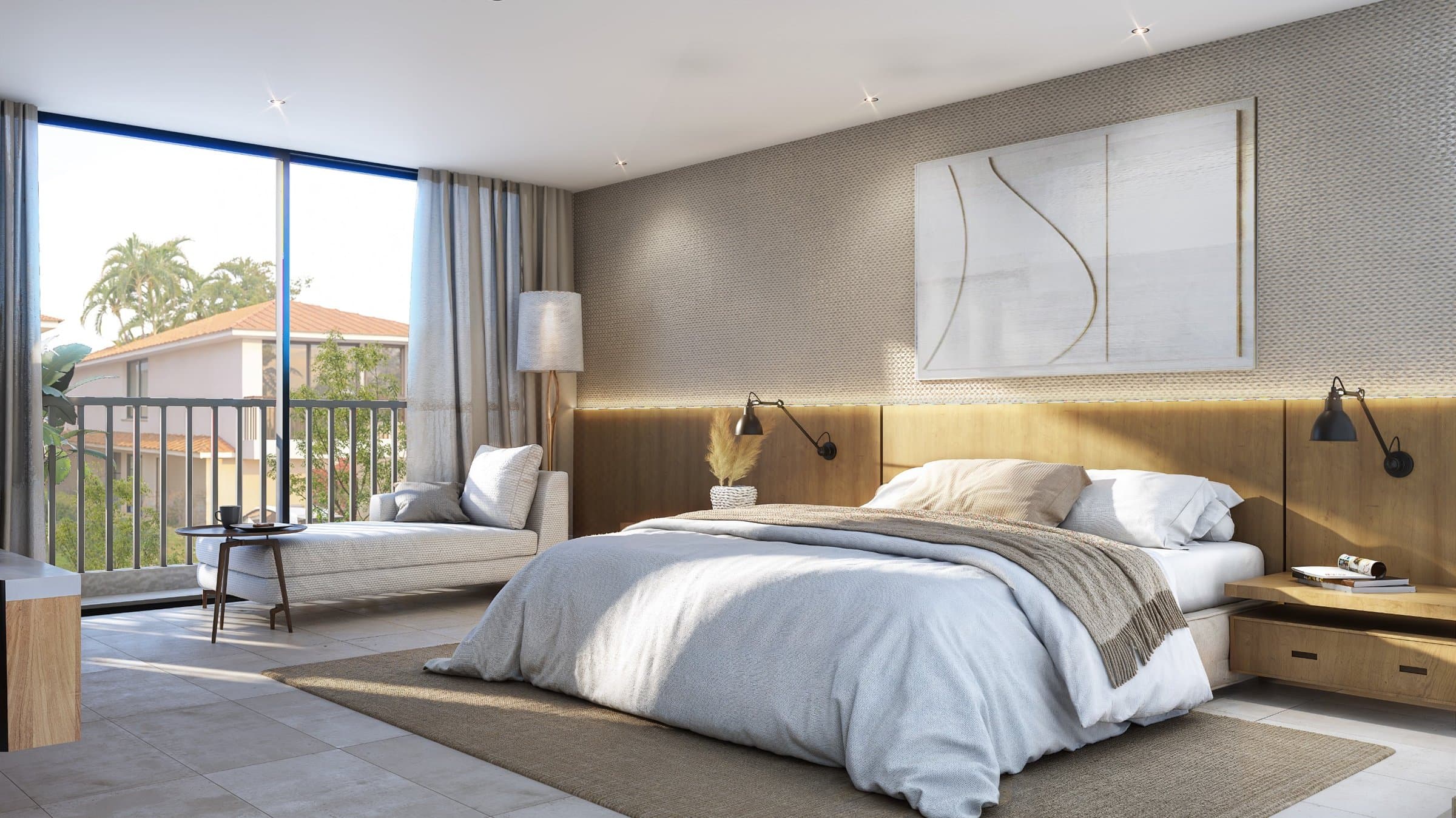 Master bedroom with balcony view in an Alborada house