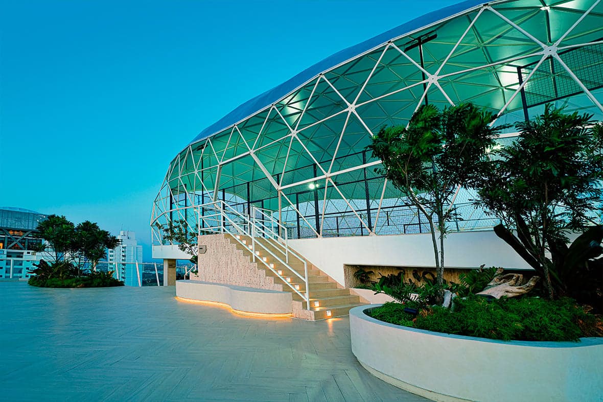 Rooftop deck beneath the glass geodesic dome of Victory Wellness