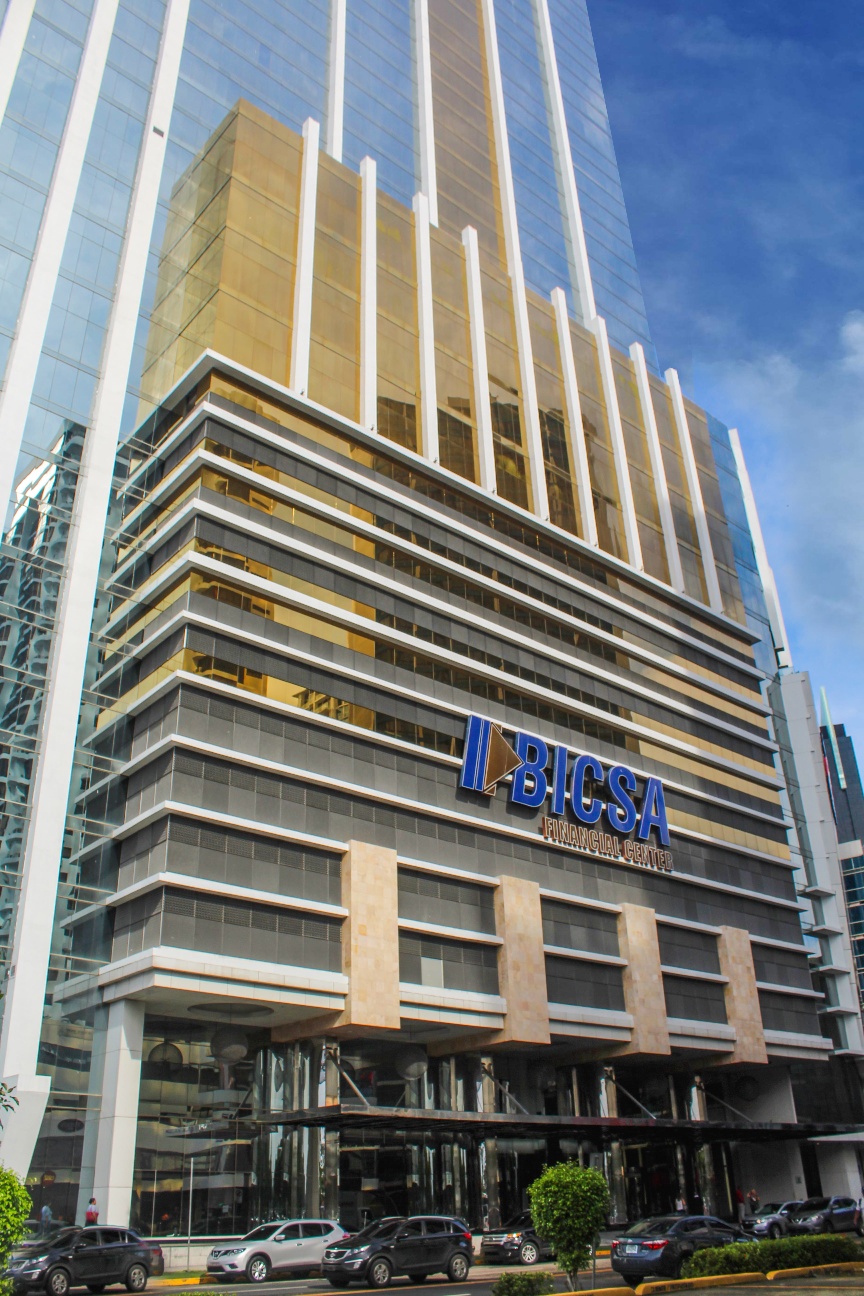 BICSA Financial Center tower with its sign on Avenida Balboa, Panama City